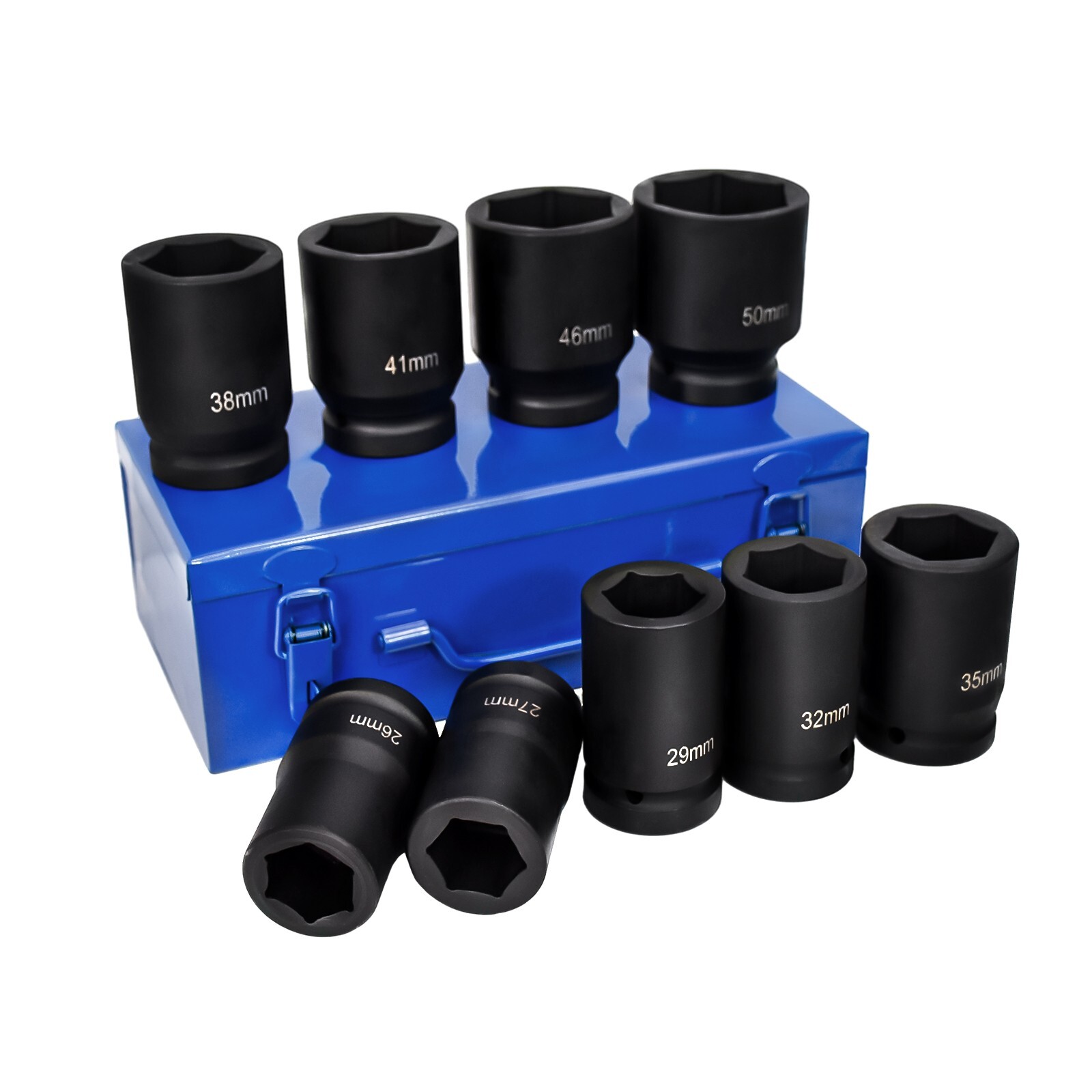 Impact Socket Set: Drive Size 1″, 9 Pieces, 26/27mm,29/32/35/38/41/46/50mm JumBo