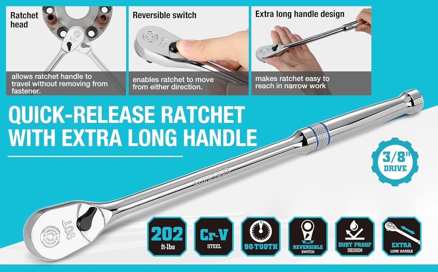Extra Long Handle 3/8-Inch Drive Ratchet, 90-Tooth Ratchet Wrench with 12″ Ha…