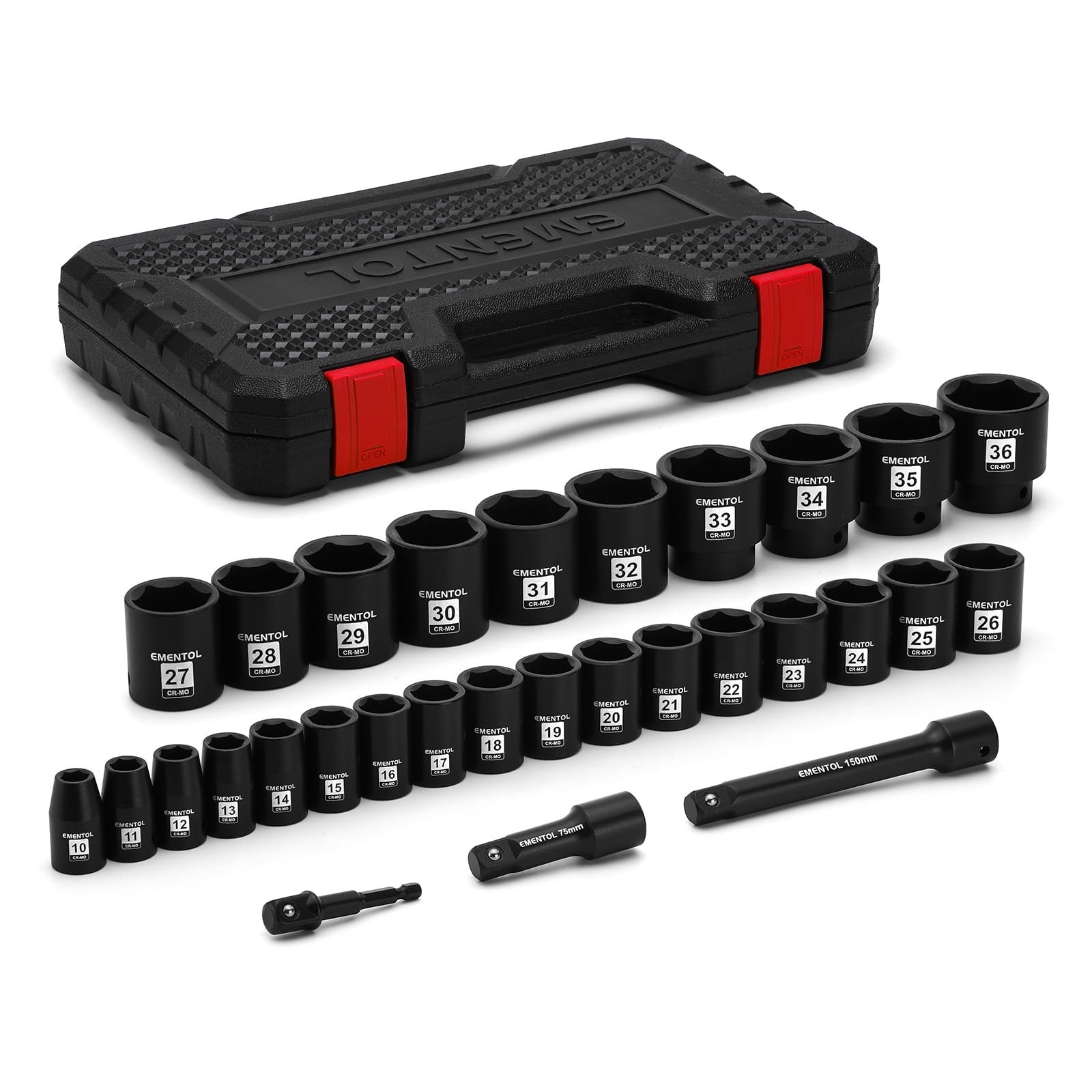 30PCS 1/2″ Drive Metric Shallow Impact Socket Set, 10mm-36mm, CR-MO, 6 Point, Ex