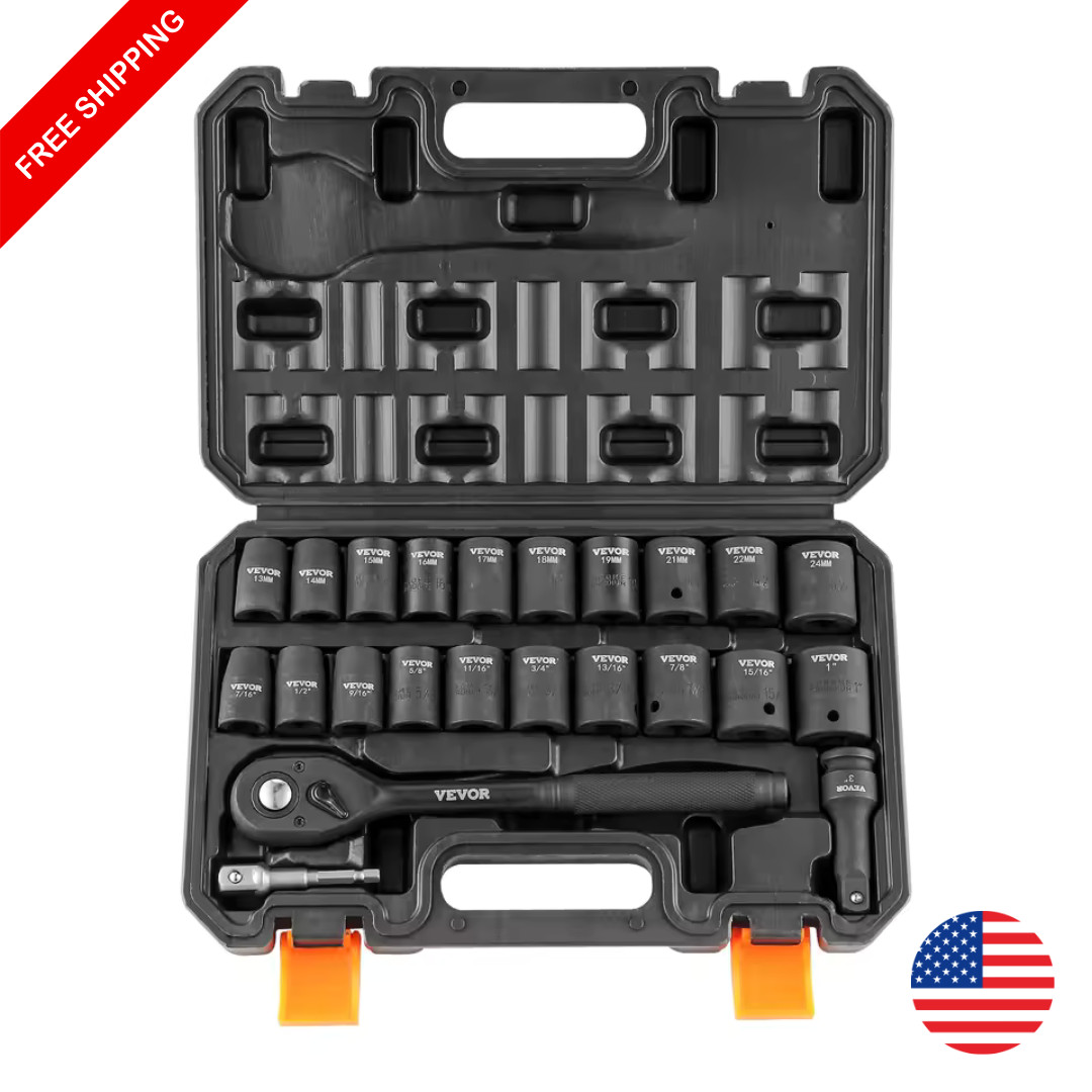 23pcs 1/2″ Drive Impact Socket Set SAE & Metric 6-Point Cr-V Alloy Steel