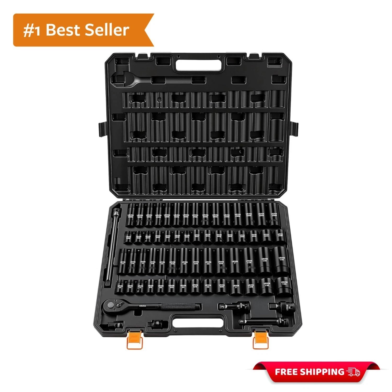 1/2″ Drive Impact Socket Set, 65 Piece SAE 3/8″ to 1-1/4″ and Metric 10-24mm,…