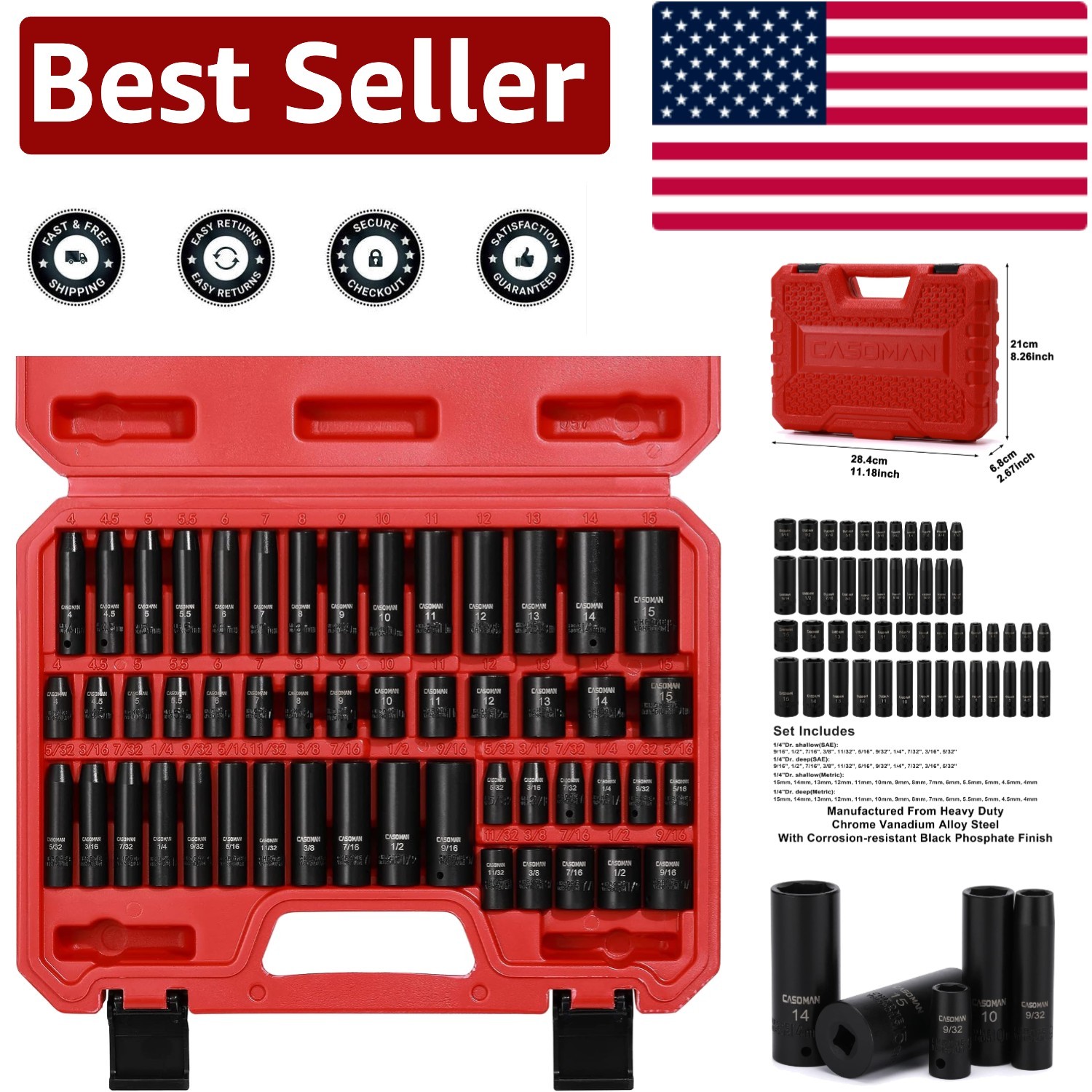 Durable 1/4 Inch Drive Impact Socket Set, 50 Pieces, Corrosion-Resistant Finish