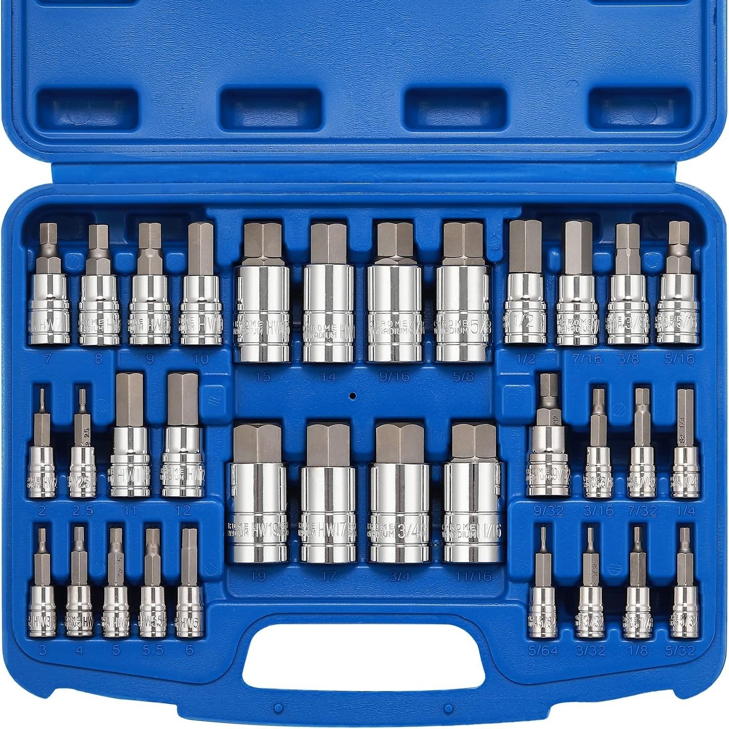 Hex Bit Socket Set 33PCS, 1/4″, 3/8″, 1/2″ Drive, SAE & Metric