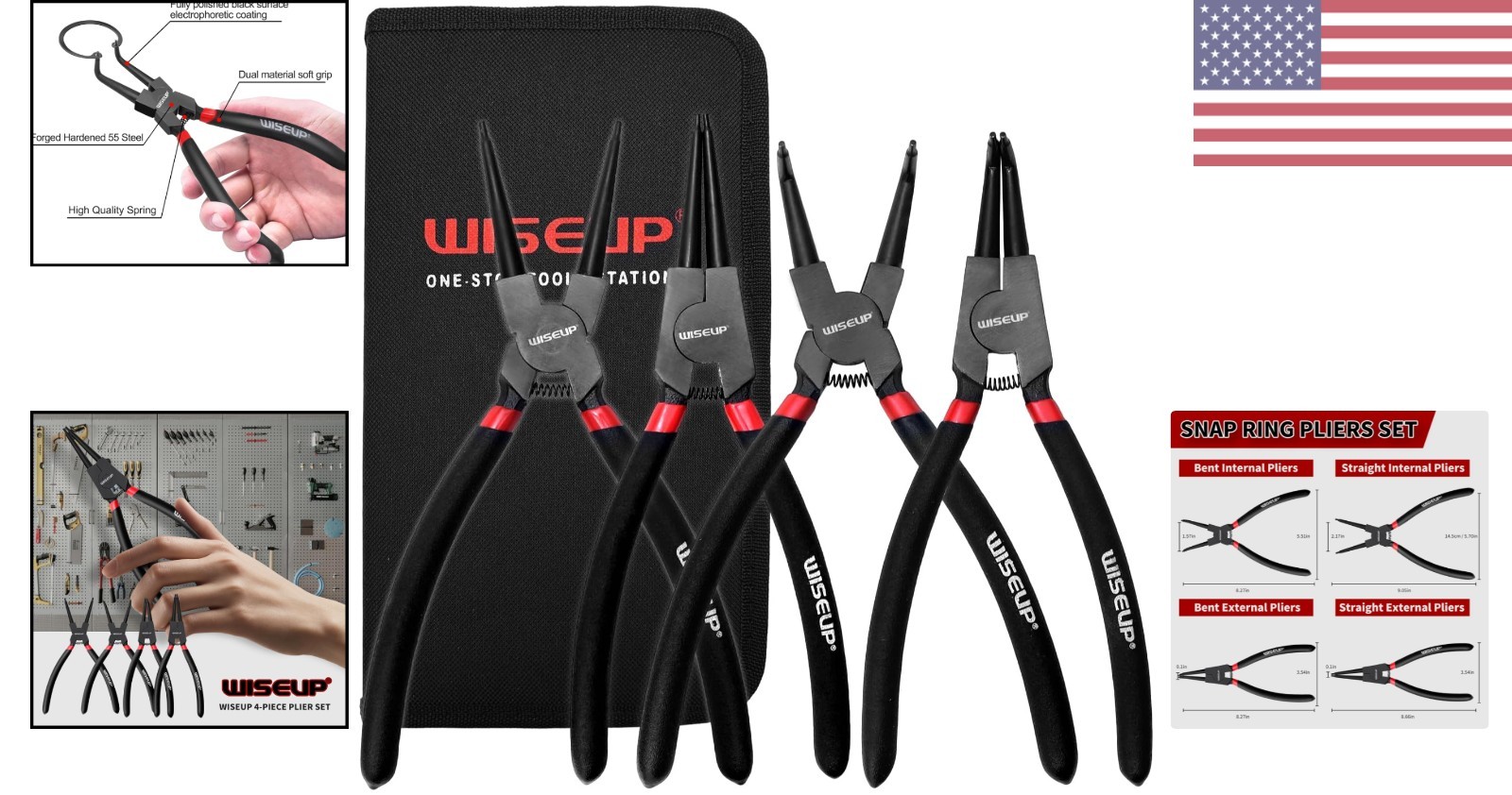 Professional 4PCS Snap Ring Pliers Set – Heavy Duty 9 Inch Carbon Steel Kit