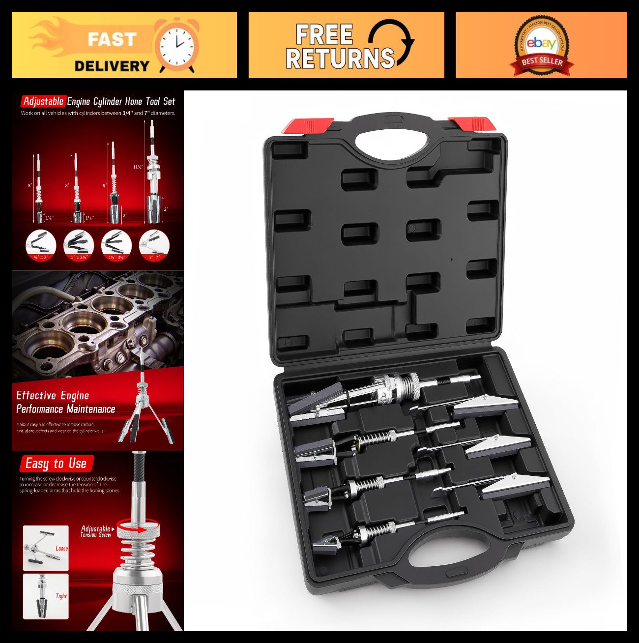 7PCS Adjustable Cylinder Hone Tool Set for 3-7″ Engines, Piston Servicing Kit, 2