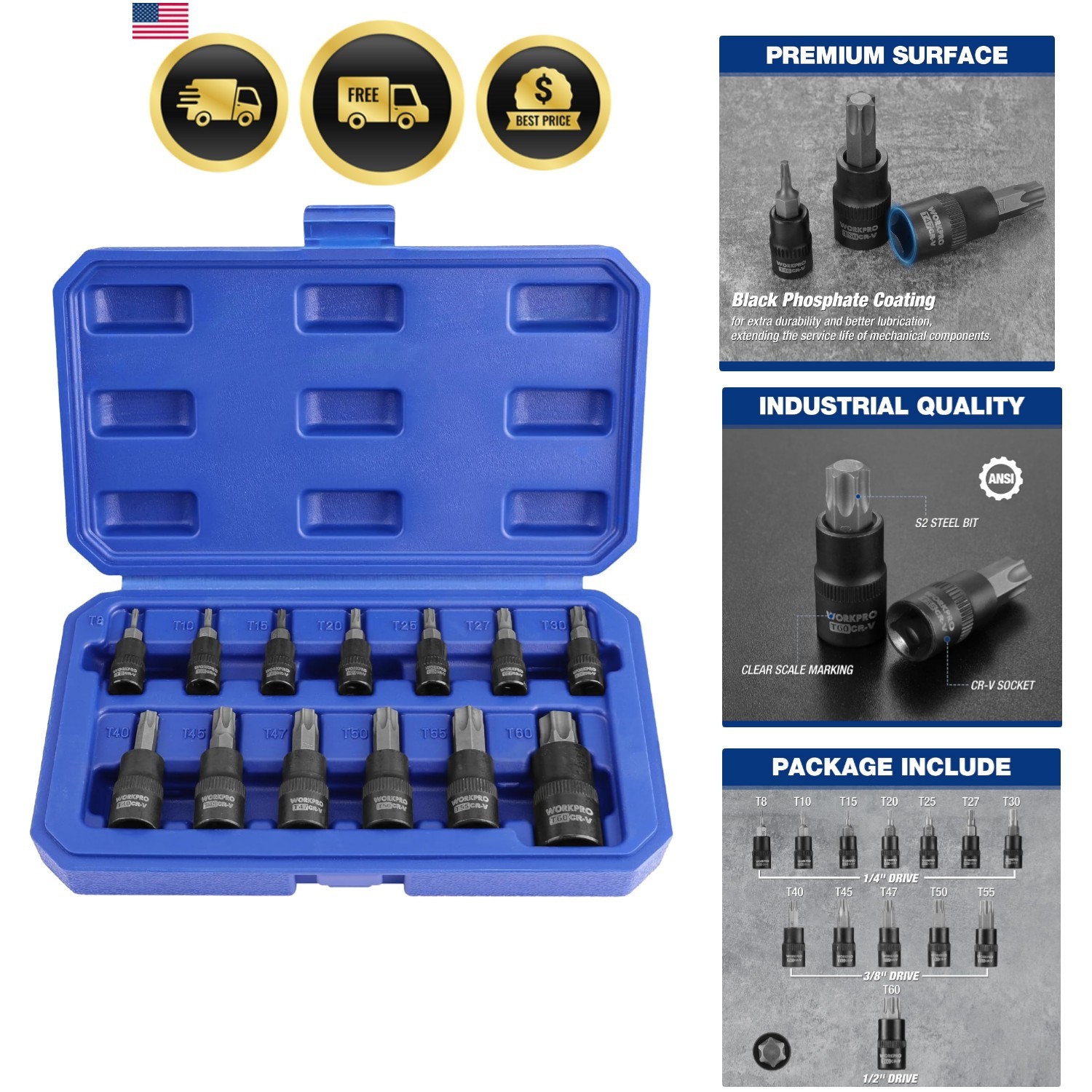 Torx Bit Socket Set, 1/4″, 3/8″ and 1/2″ Drive Torx Bits 13-Piece Socket Set …