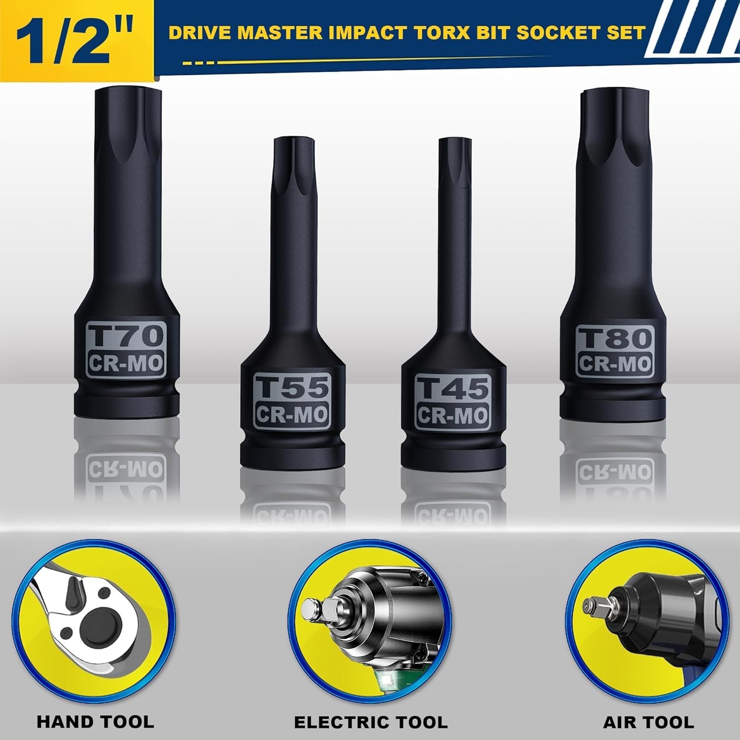 1/2″ Drive Master Impact Torx Bit Socket Set, 10-Pieces: T25 – T80, Cr-Mo Steel