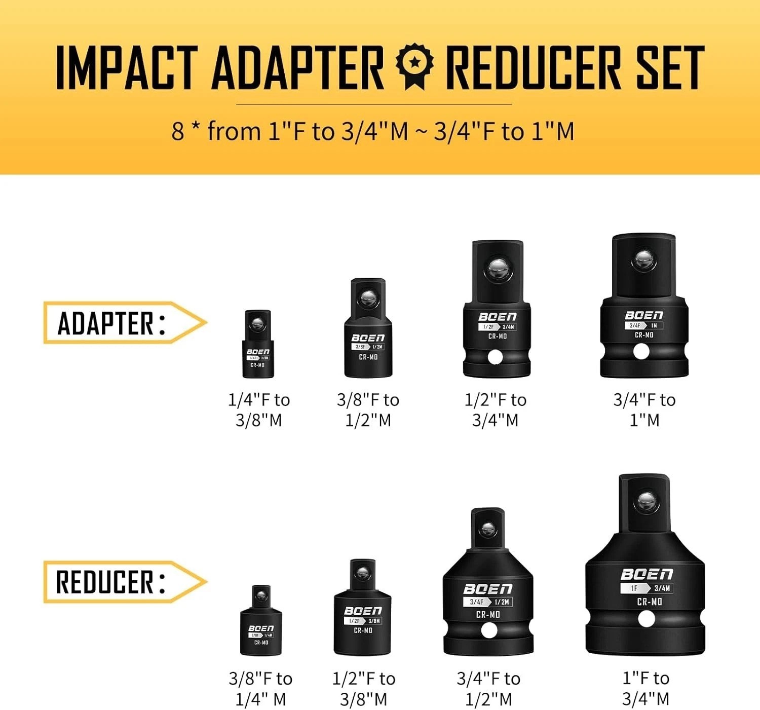 Durable 8-Piece Chrome Moly Impact Socket Adapter Set with Corrosion Resistance