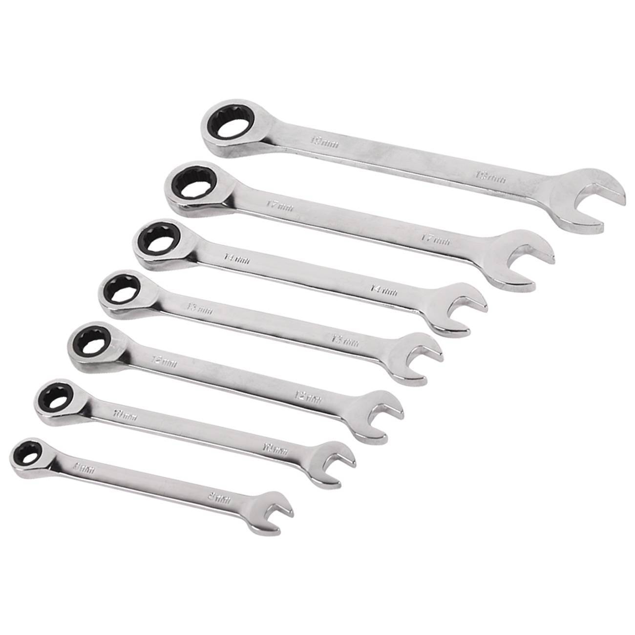 Ratchet Wrench Combination Kit Metric Fixed Spanners Tool 7 Piece Set 8mm-19mm