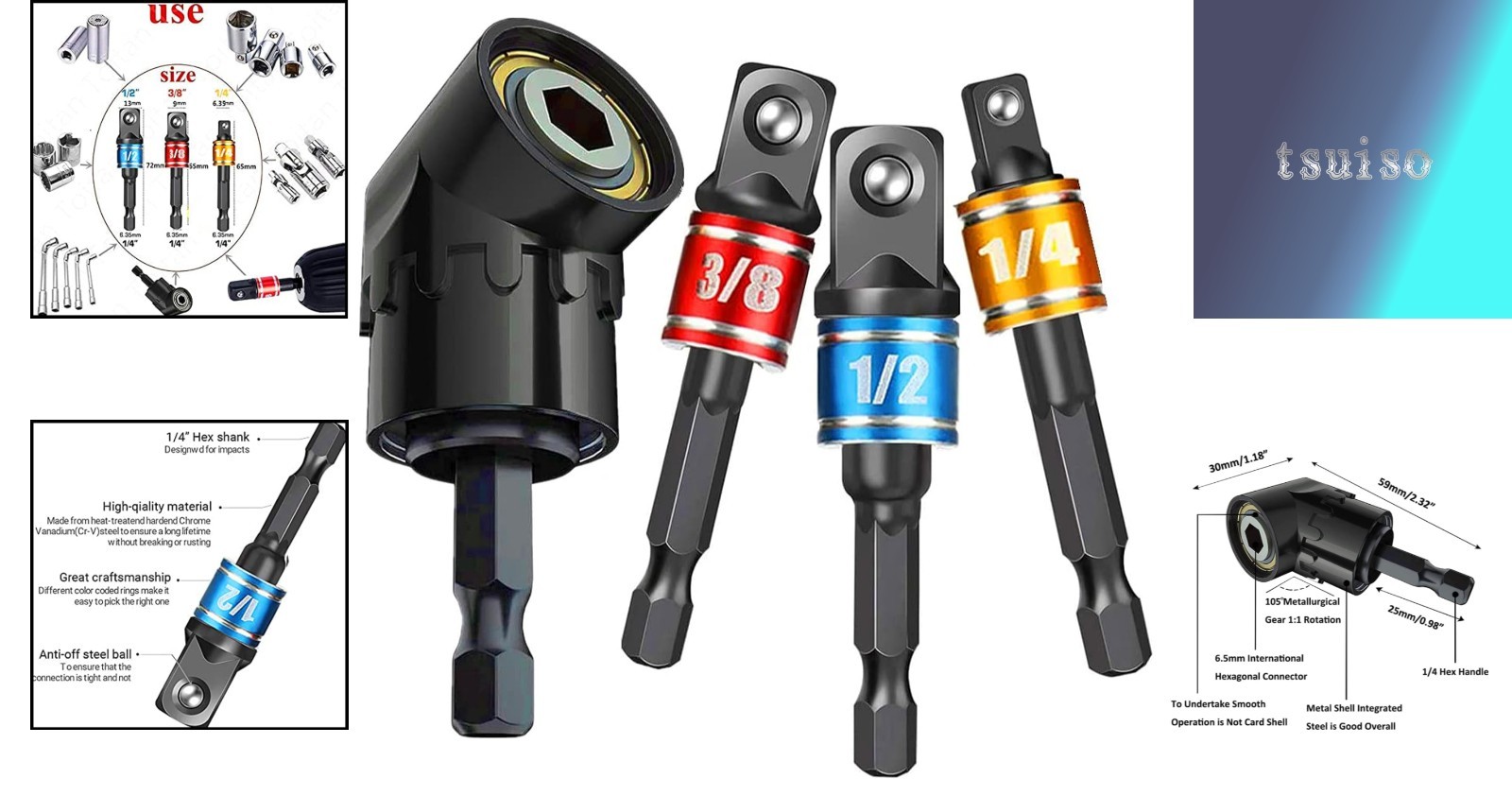 Versatile Impact Socket Adapter Set with 105 Degree Drill Attachment – 4 Pieces