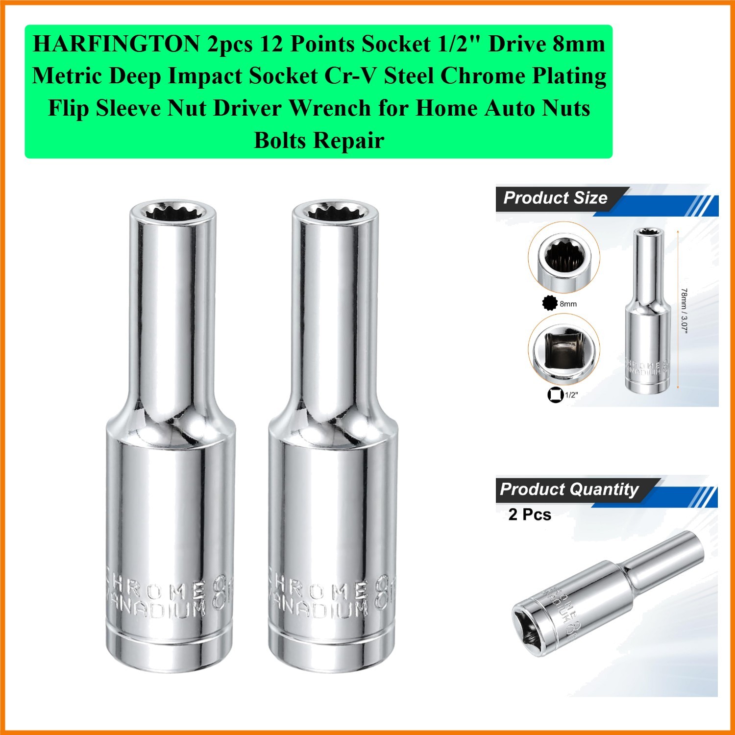 2pcs 12 Points Socket 1/2″ Drive 8mm Metric Deep Impact Socket Cr-V Steel Chr…