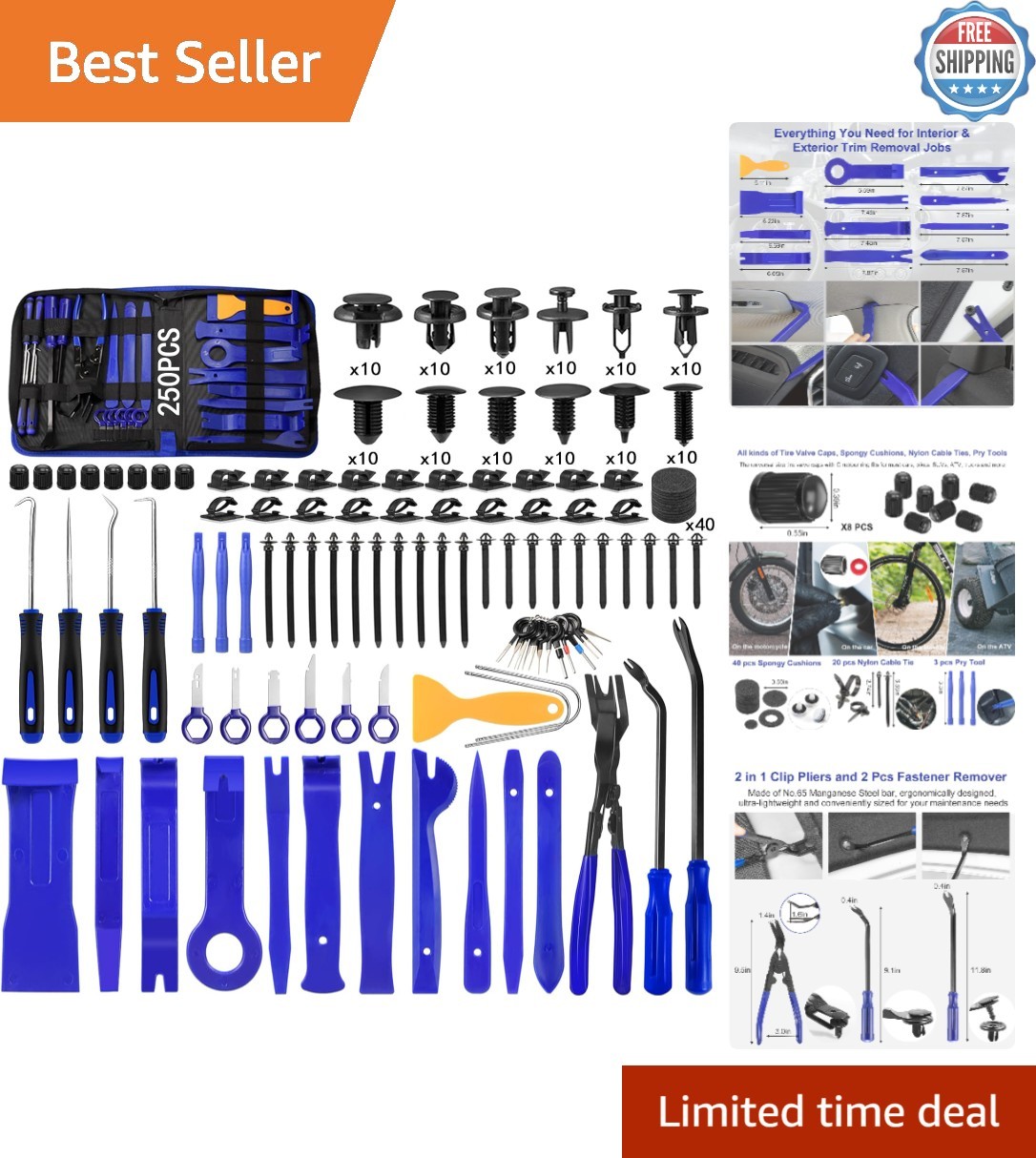 Complete 250-Piece Auto Repair Tool Set: Trim Removal, Clips & Pliers Included