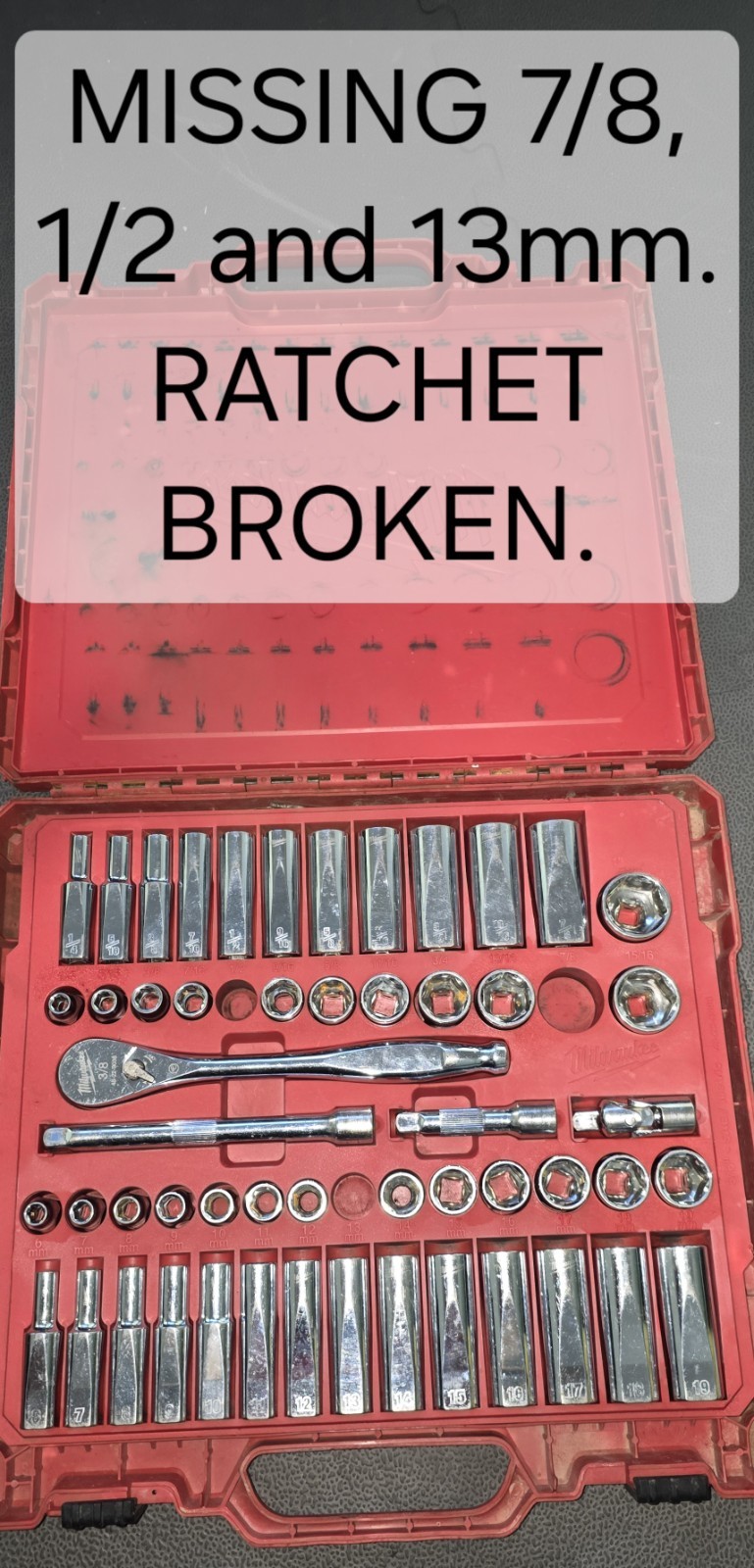MILWAUKEE 48-22-9008 3/8 in. Drive SAE/Metric Set USED BROKEN RATCHET