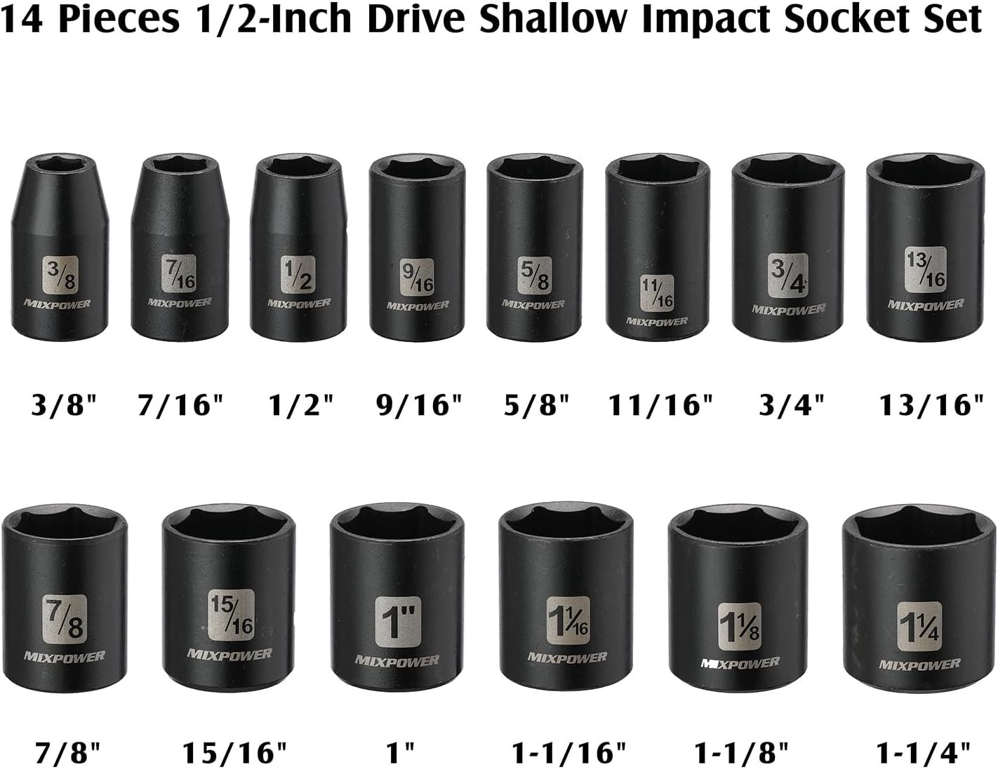 14 Pieces 1/2-Inch Drive Shallow Impact Socket Set, 3/8-Inch to 1-1/4 Inch, C…
