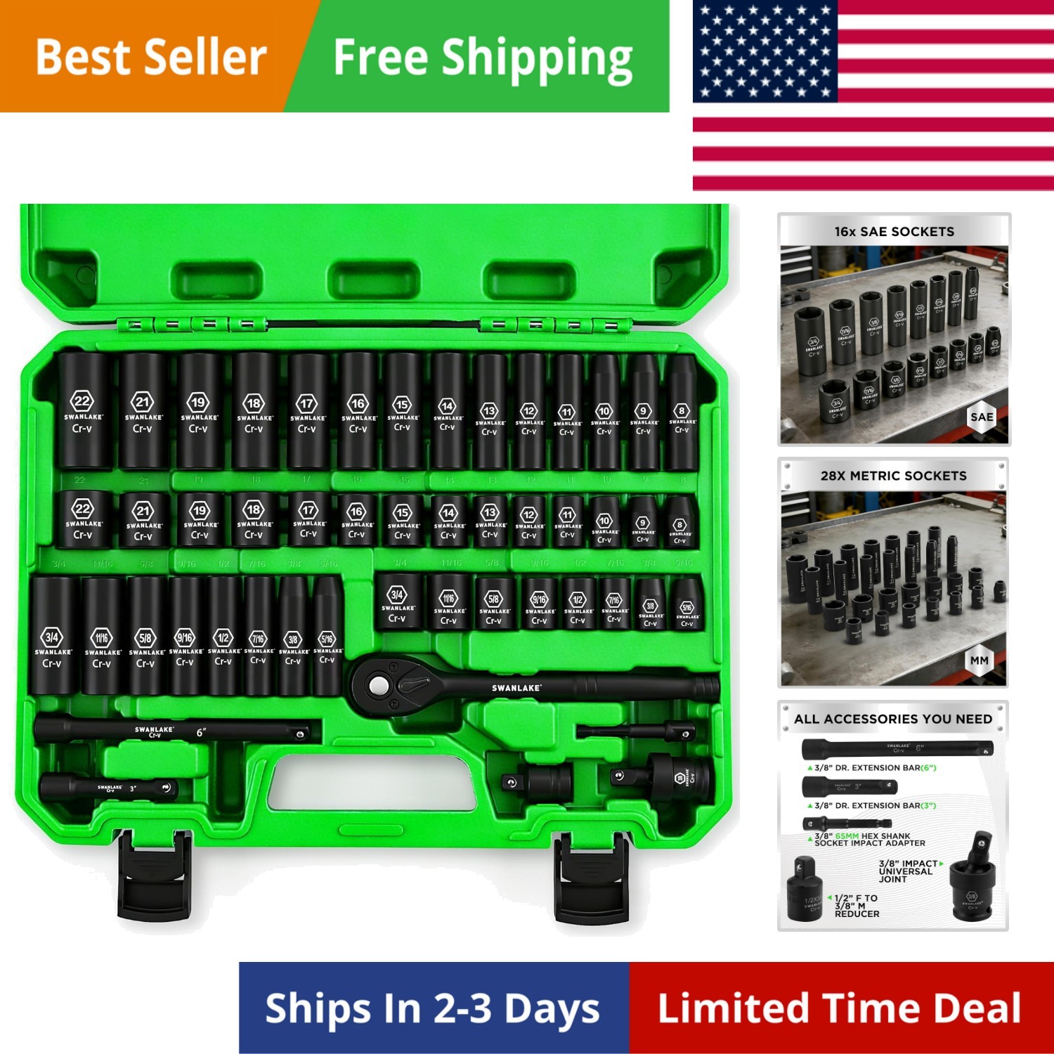 SWANLAKE 3/8» Drive Impact Socket Set, 50-Piece Standard SAE 5/16 to 3/4 inc…