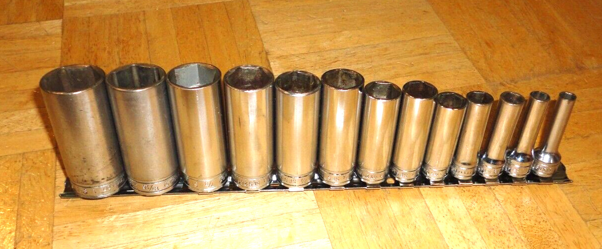 SNAP-ON TOOLS 13 PIECE 3/8 DRIVE SAE. DEEP CHROME 6 PT. SOCKET SET 1/4 TO 1 INCH