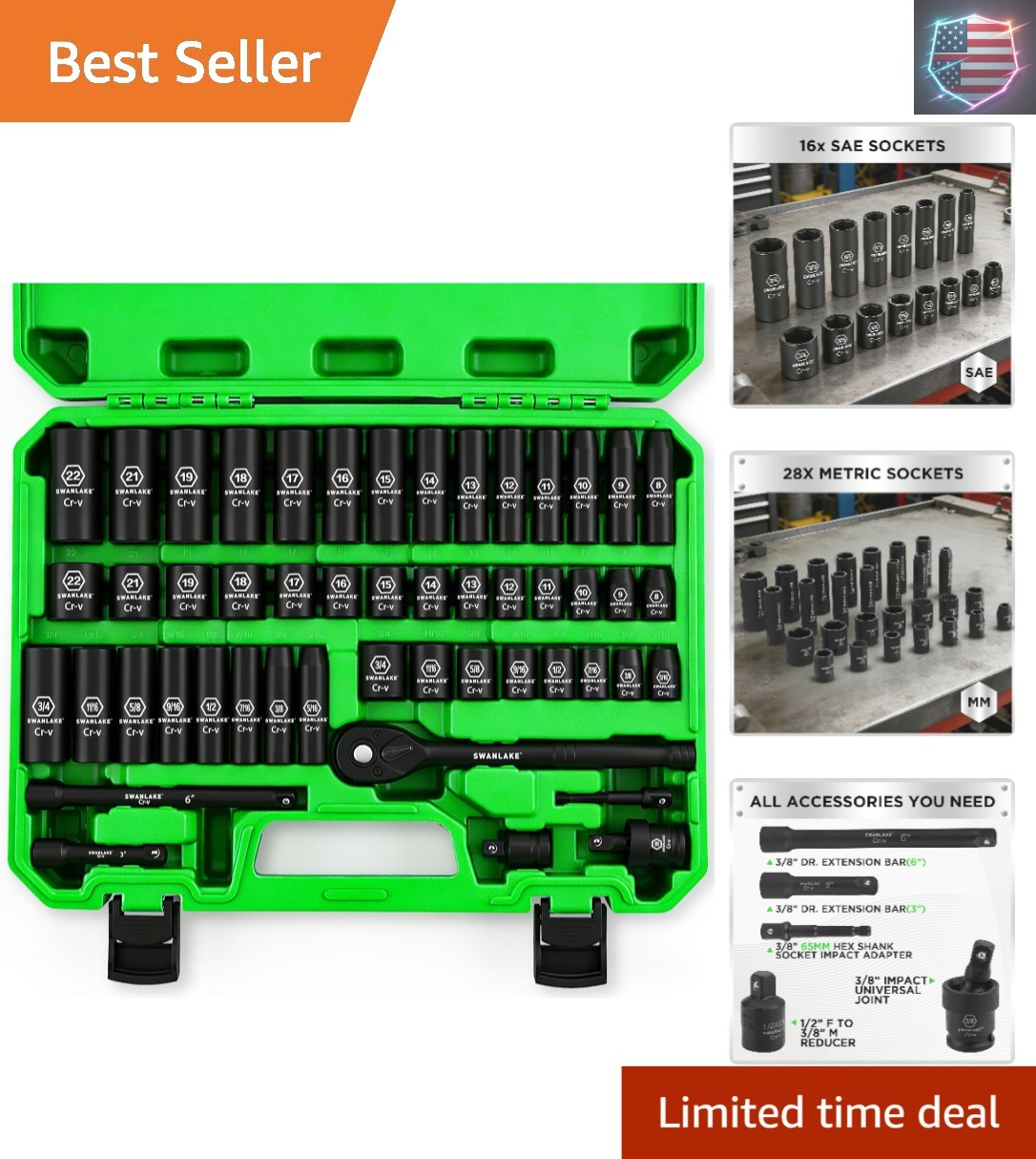 SWANLAKE 3/8» Drive Impact Socket Set, 50-Piece Standard SAE 5/16 to 3/4 inc…