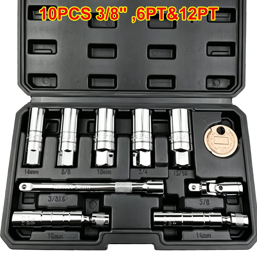 10PCS 3/8″Drive Magnetic Spark Plug Socket Set 6PT&12PT Extension Bar CR-V Steel