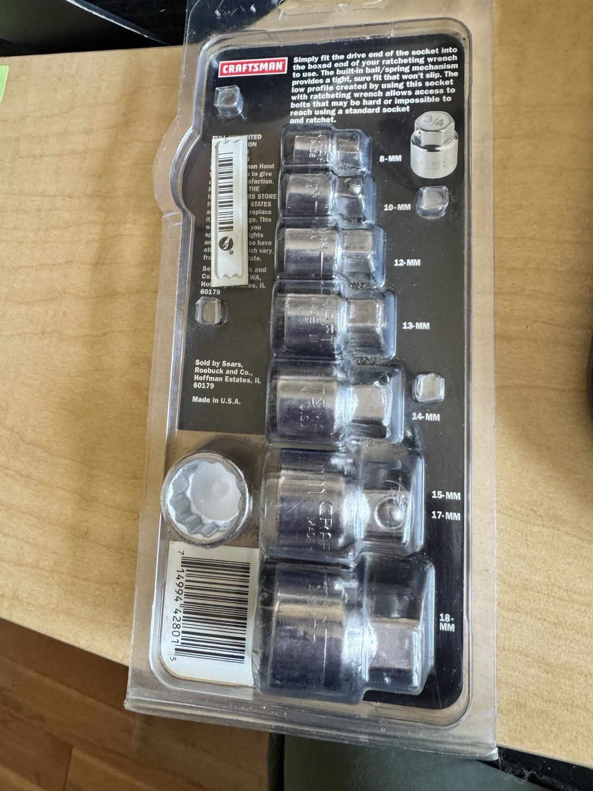 Craftsman 42801 USA Metric Low Profile Wrench Socket Set 8 Pc NOS Easy Read