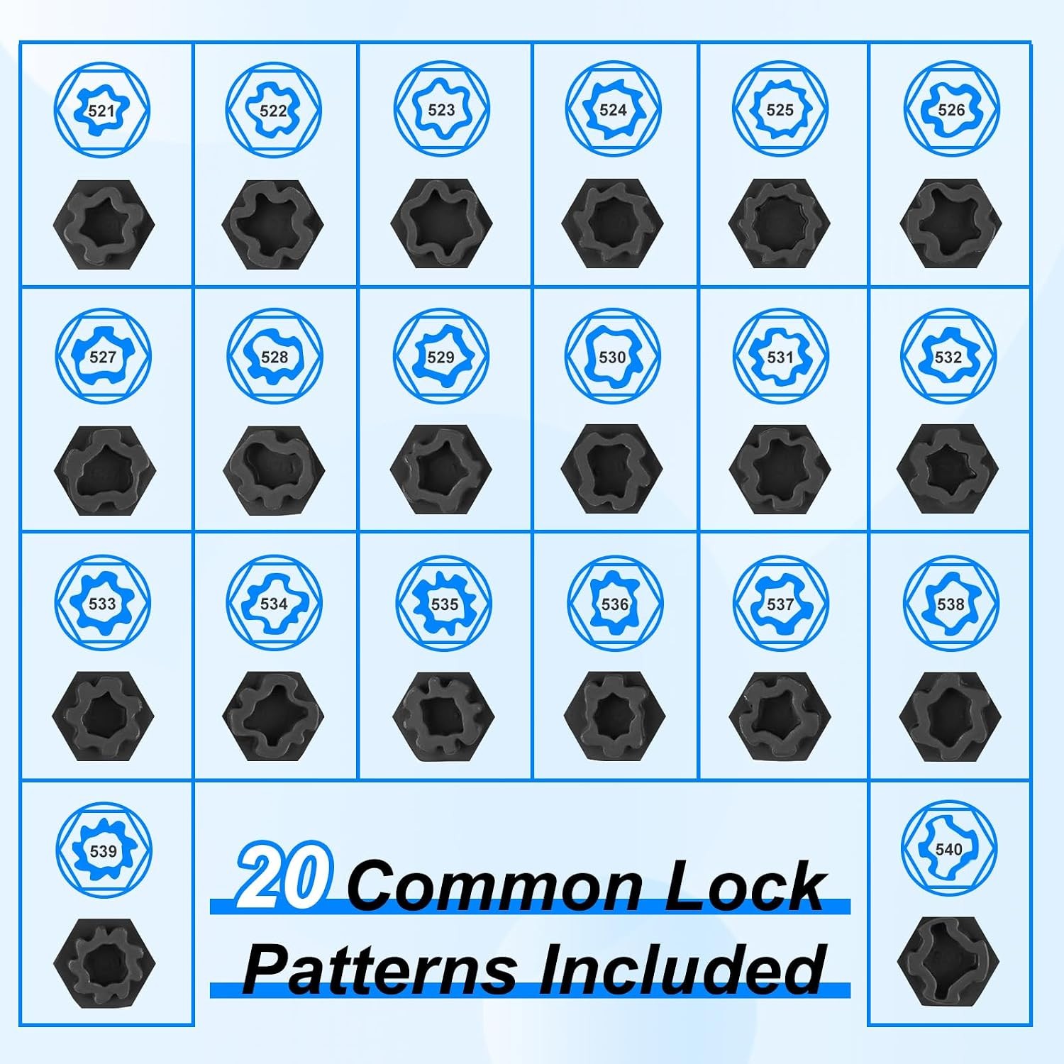 22PCS Locking Lug Nut Key Set Wheel Lock Removal Kit 521-540 Pattern