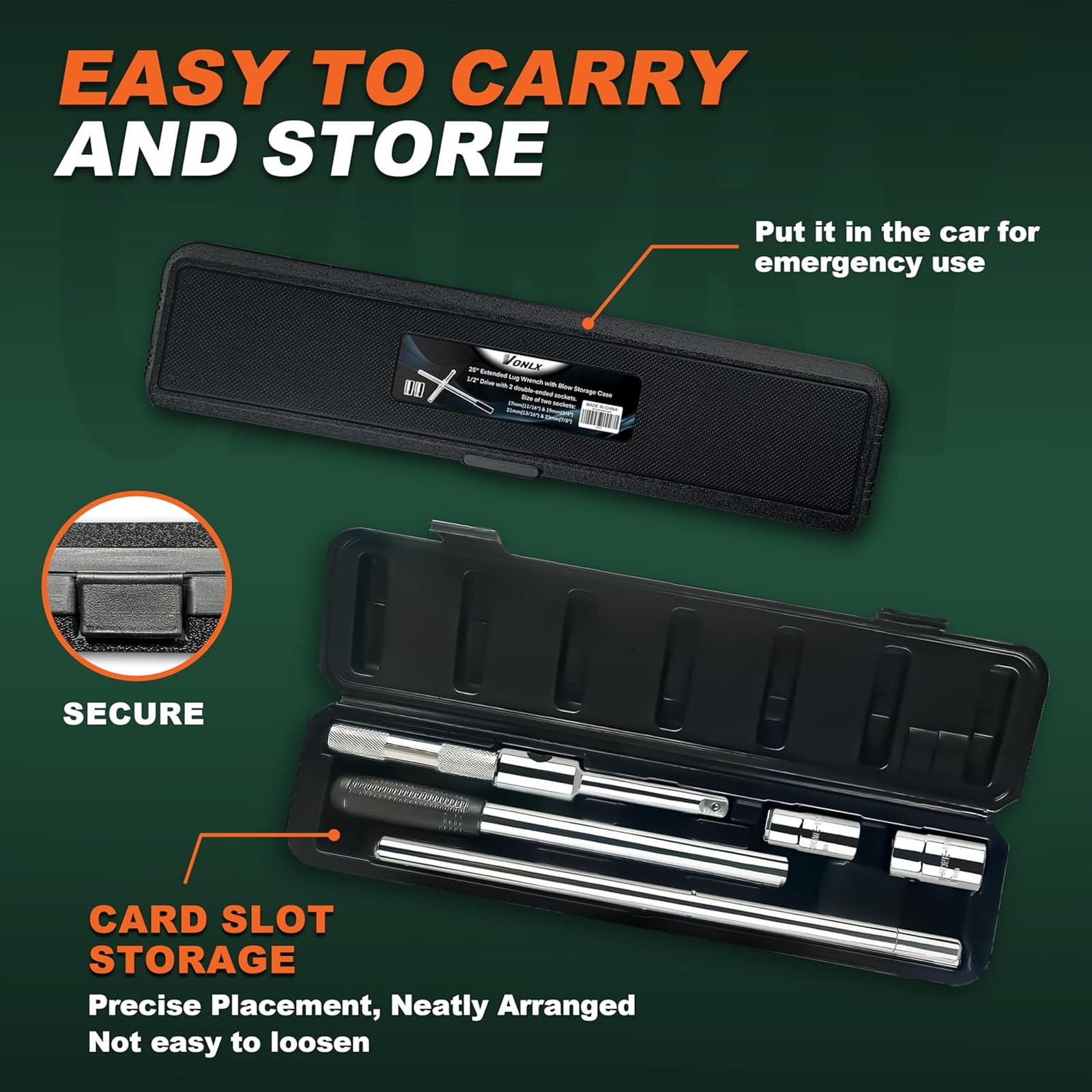 25 Inch Heavy Duty Extended Lug Wrench with Blow Storage Case 4 Way Tire Iron