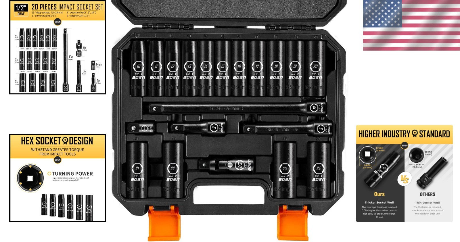 20-Piece Metric Deep Impact Socket Set, Cr-V Steel 10-24mm