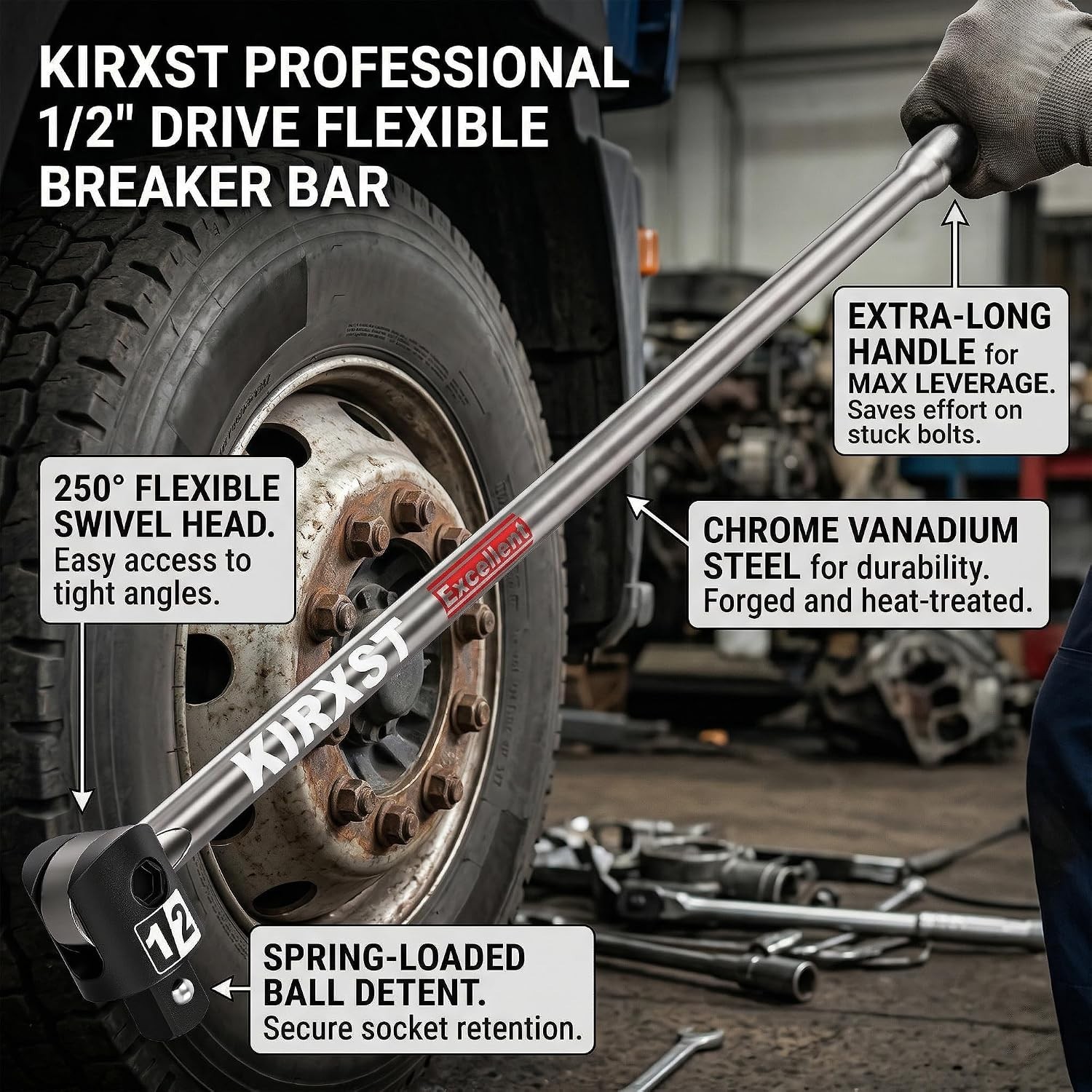 25-Inch Heavy Duty Breaker Bar with 250° Rotatable Head for Mechanical Mastery
