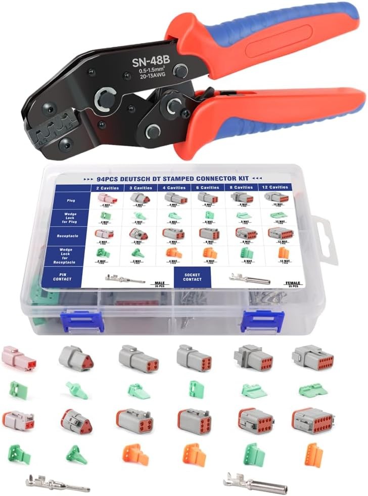 94Pcs 6 Sets Deutsch DT Connector Connectors+Crimper, Black, Blue, Red