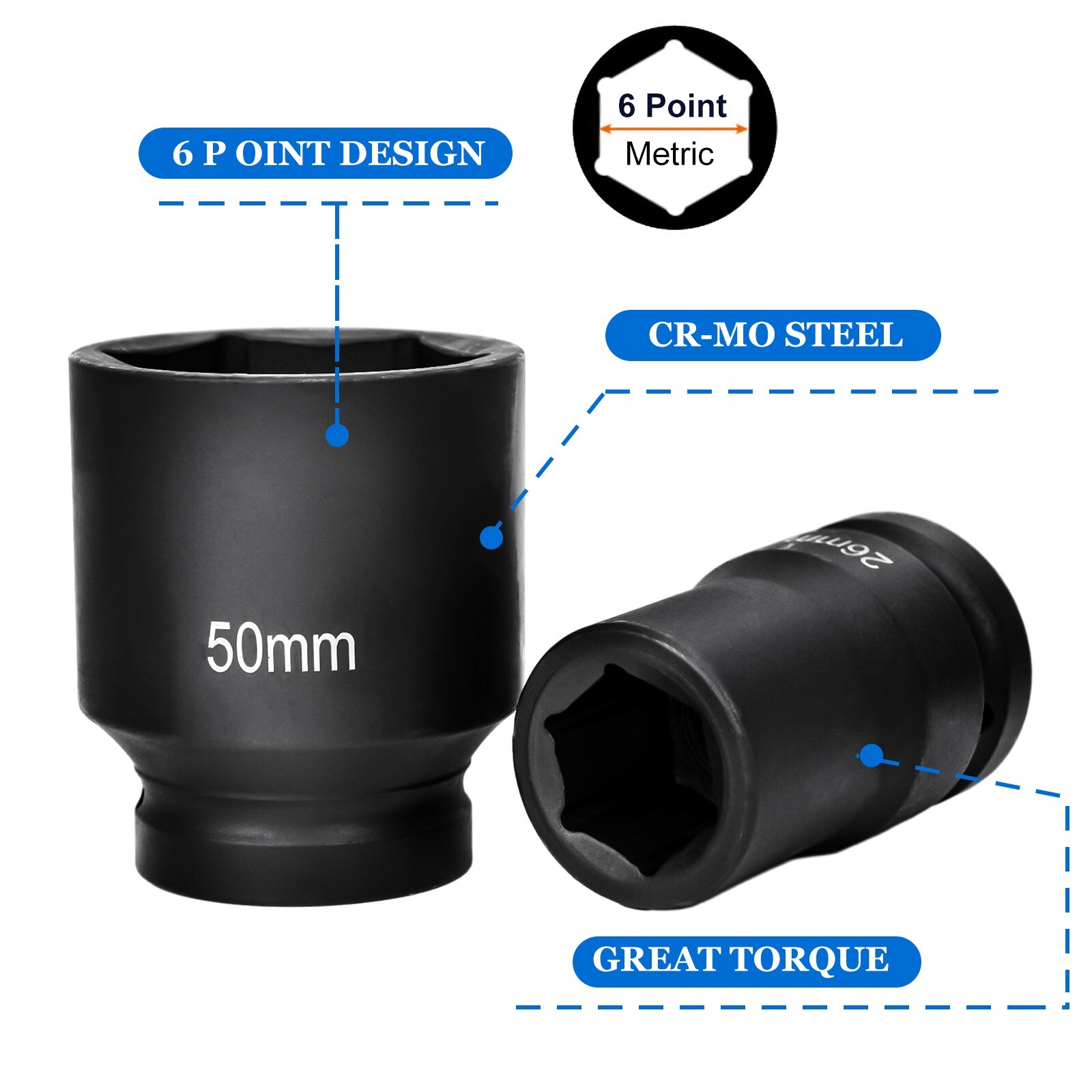 Impact Socket Set: Drive Size 1″, 9 Pieces, 26/27mm,29/32/35/38/41/46/50mm JumBo