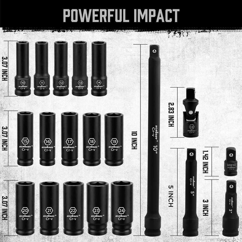 20PC Deep Socket Set Impact 1/2″ Drive Extension Bars Flexible Adapter 10-24mm