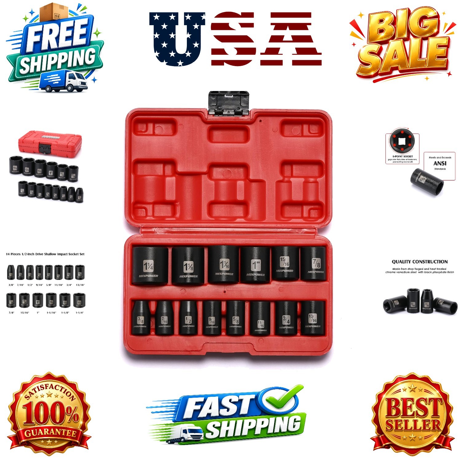 14 Pieces 1/2-Inch Drive Shallow Impact Socket Set, 3/8-Inch to 1-1/4 Inch, C…