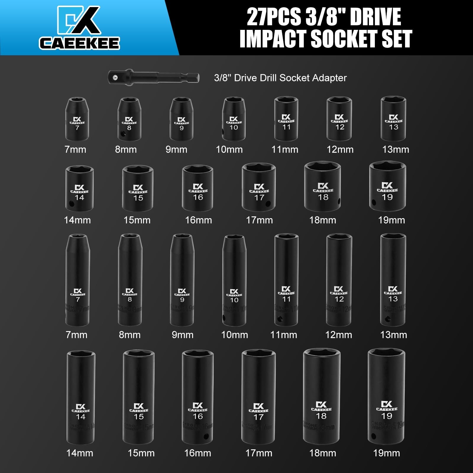 27PCS 3/8″ Drive Metric Impact Socket Set, Deep & Shallow, 7mm-19mm, 6-Point, Cr
