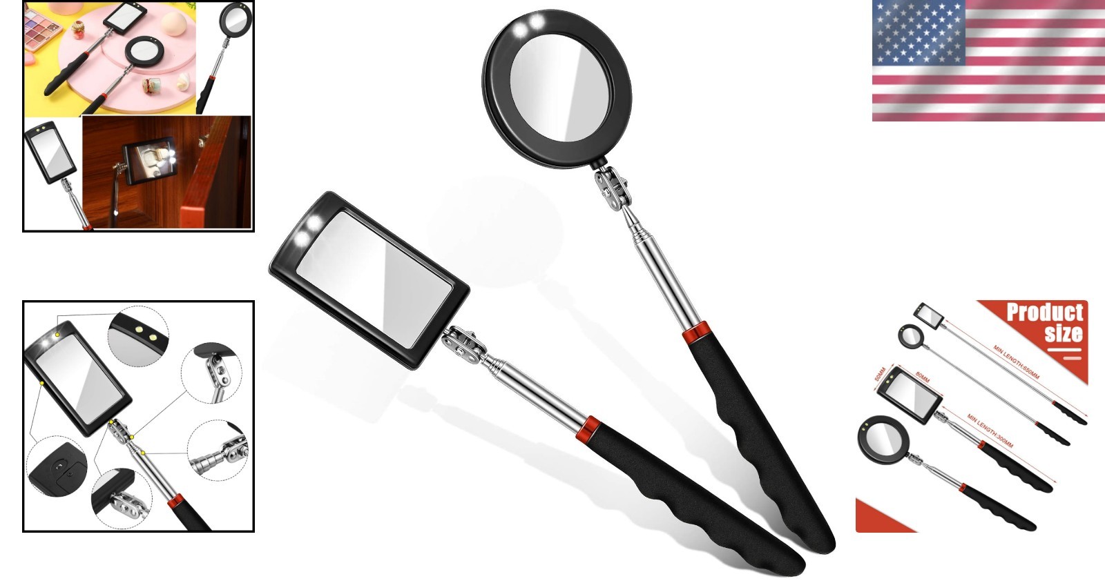 Compact 2-Piece Telescoping Inspection Mirrors with LED for Nighttime Visibility