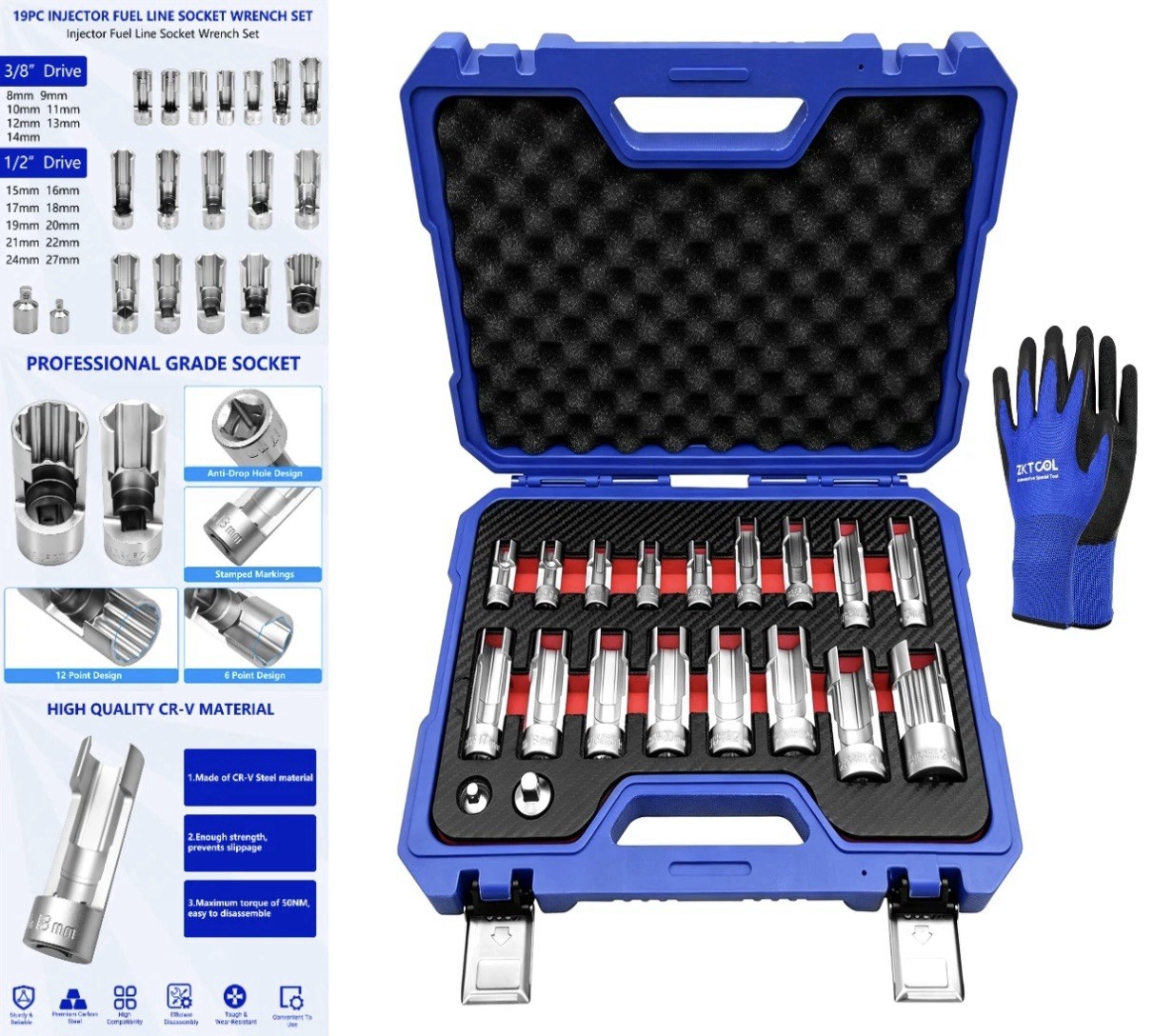19PCS Diesel Injector Fuel Line Socket Set 8-27mm Flare Nut 3/8″ 1/2″ Drive, Glo