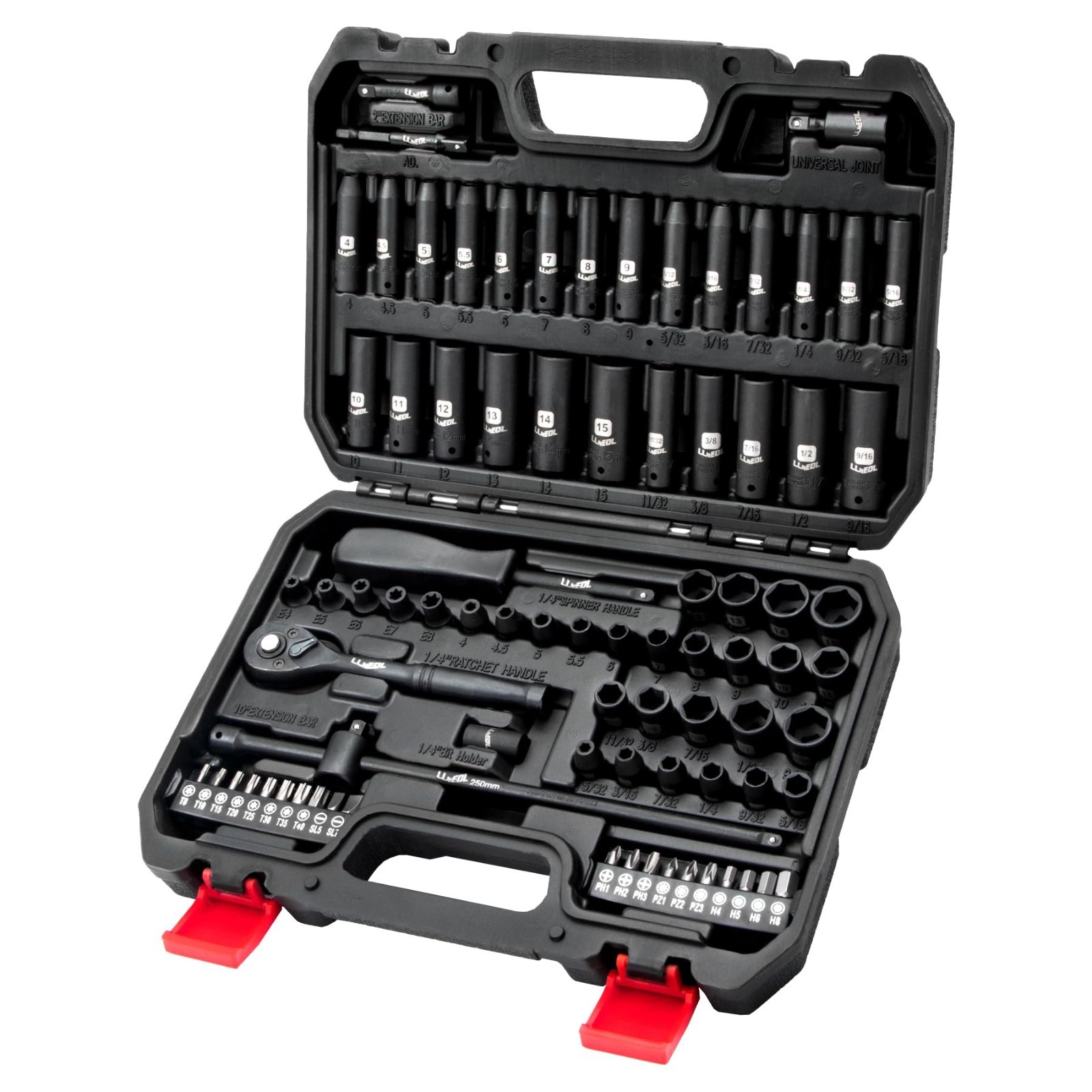 83Pcs 1/4″ Drive Impact Socket Set Metric & SAE, Deep & Shallow Sockets, 72T Rat