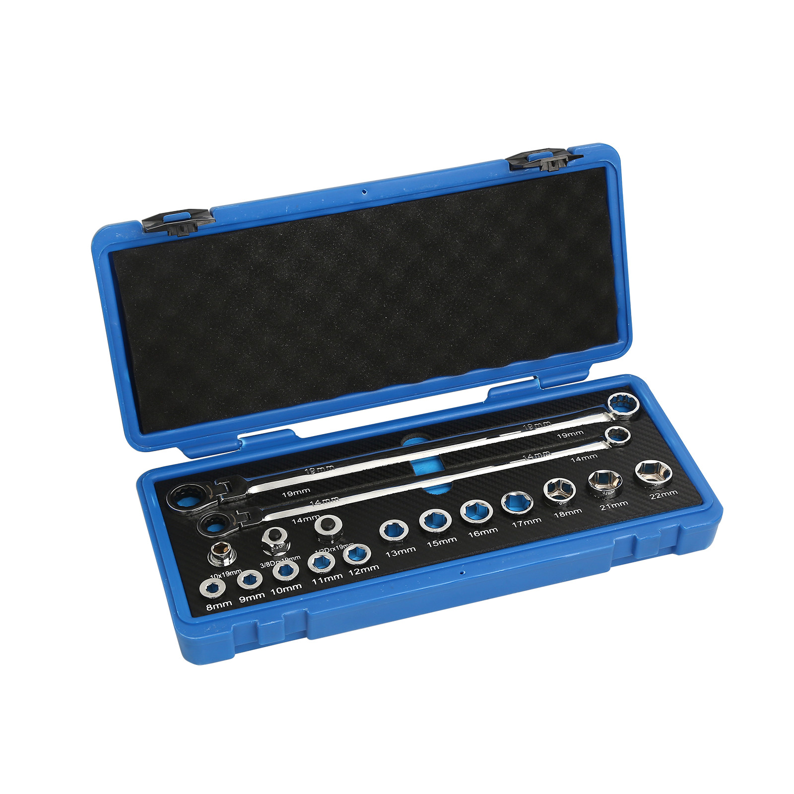 17PC Extra Long Flex-Head Ratcheting Wrench Set, Metric Double Box End w/ 8-22mm
