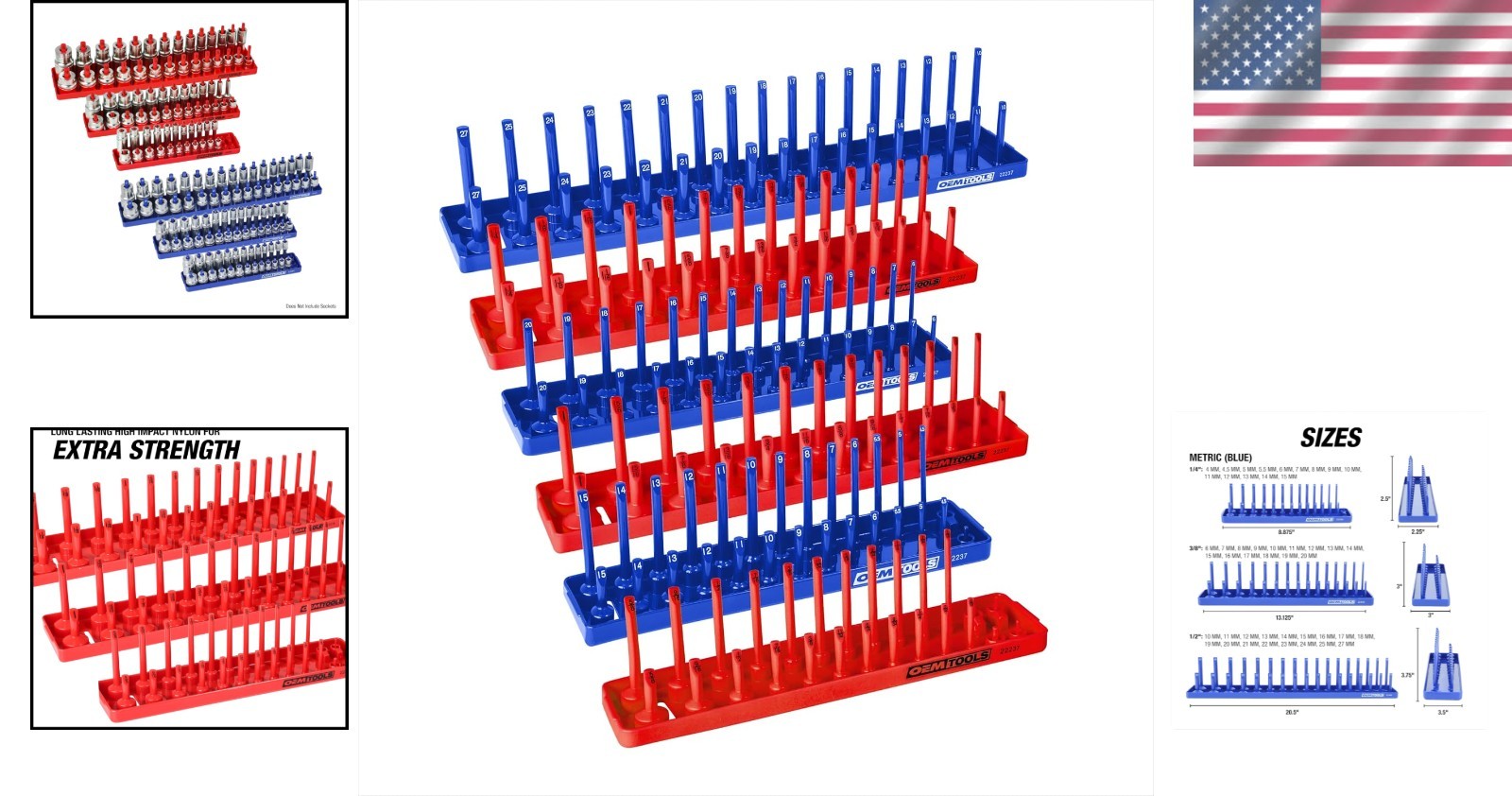 Durable 6-Piece Socket Organizer for SAE & Metric Tools – Unfinished Red & Blue