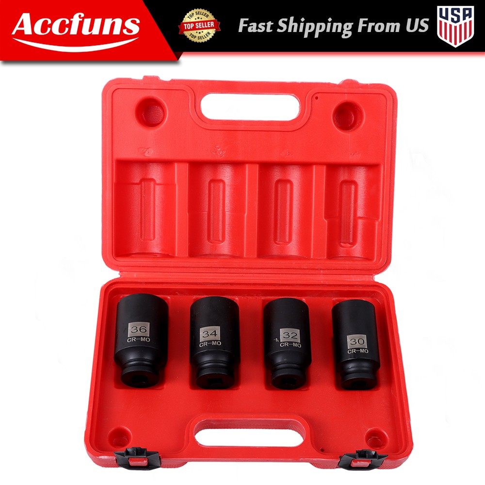 4pcs 1/2″ Drive Deep Spindle Axle Nut Socket Set 30mm 32mm 34mm 36mm 12pt w/ Box