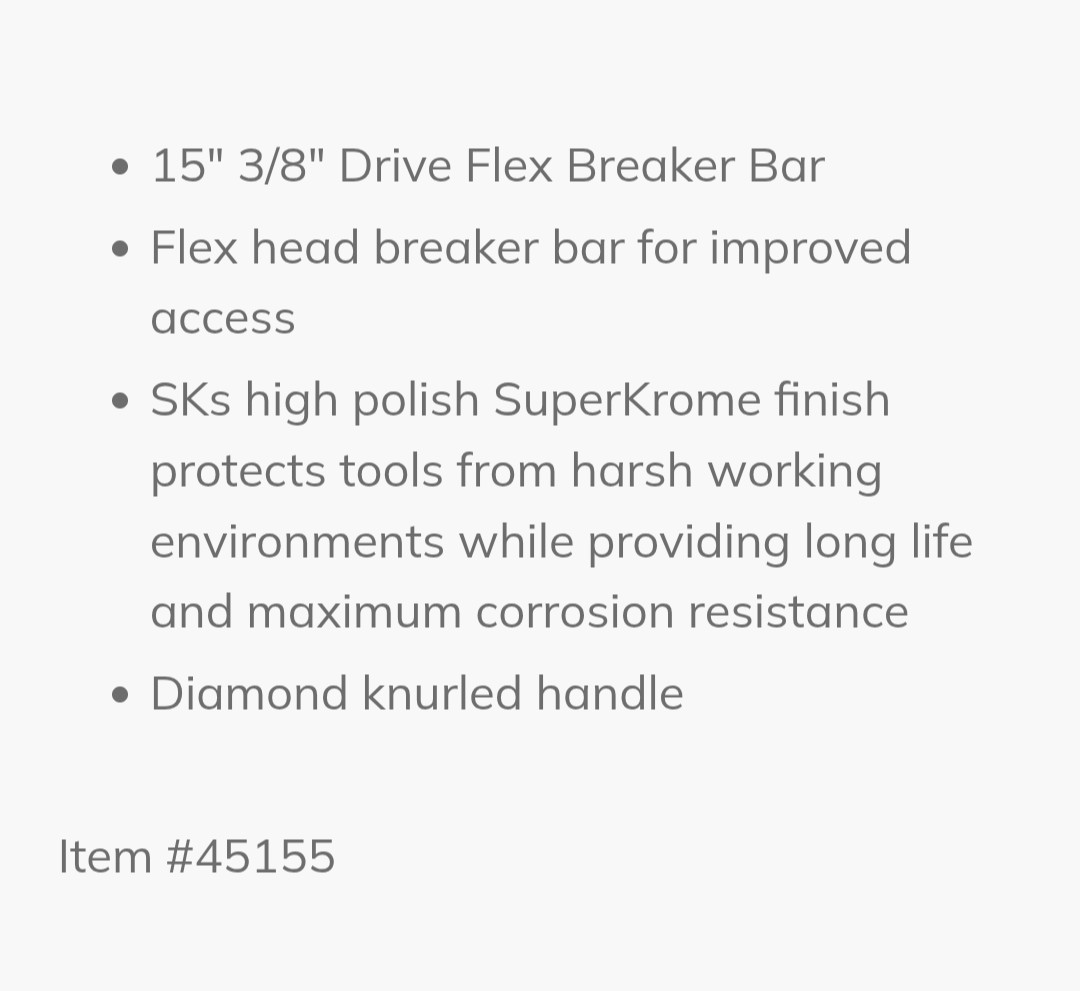 SK Professional Tools 3/8″ Drive 15″ Breaker Bar NEW LIFETIME WARRANTY
