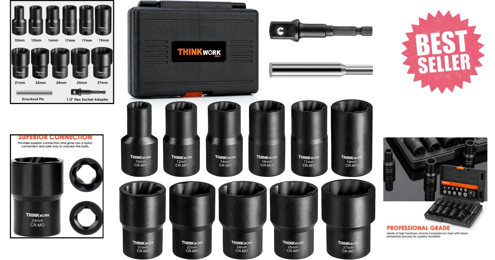 1/2 Inch Drive Lug Nut Extractor Kit for Stubborn Bolts – 13 Pieces