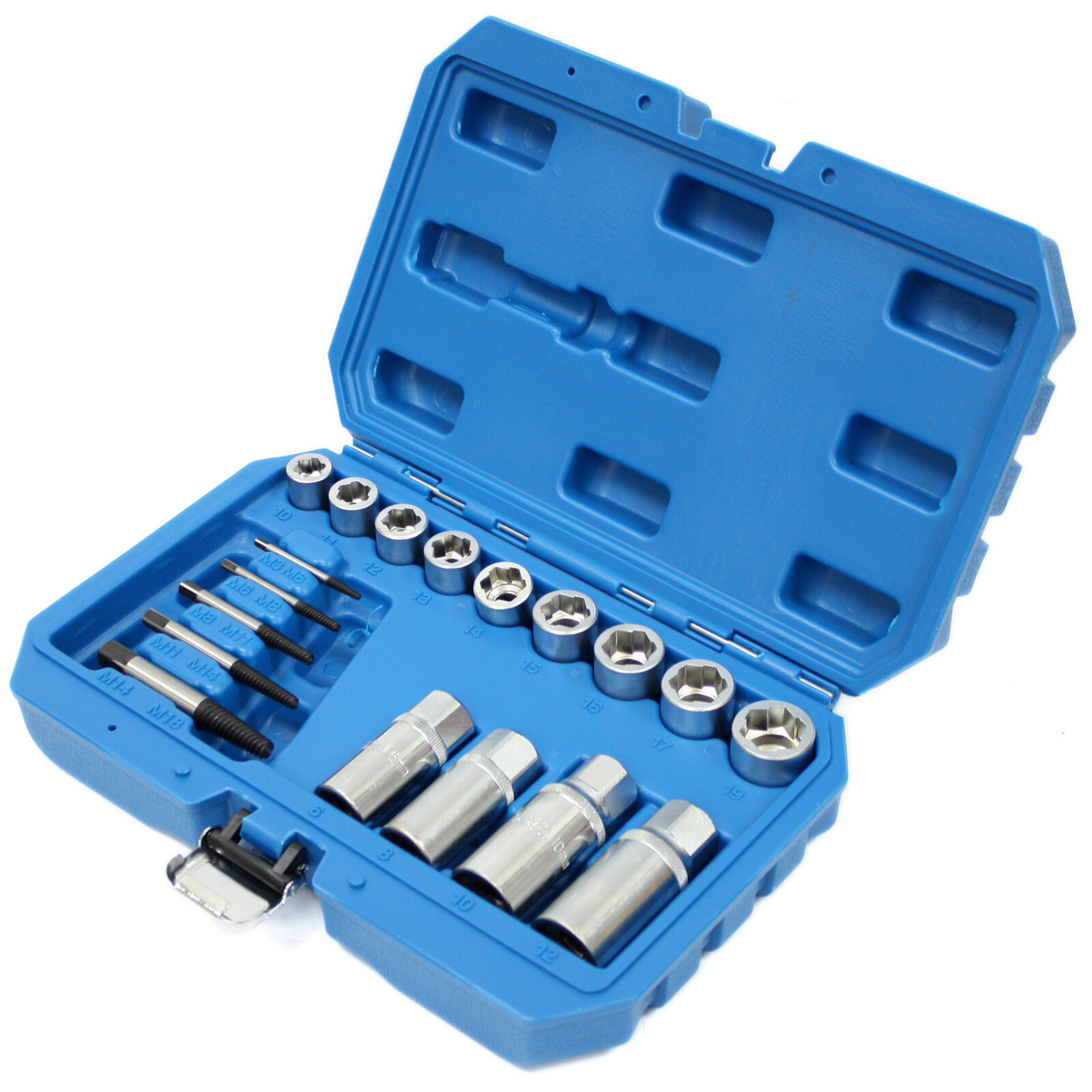 18pcs Damaged Bolt Nut Stud Screw Remover Extractor Sockets Set 1/2″ 3/8″ Dr.