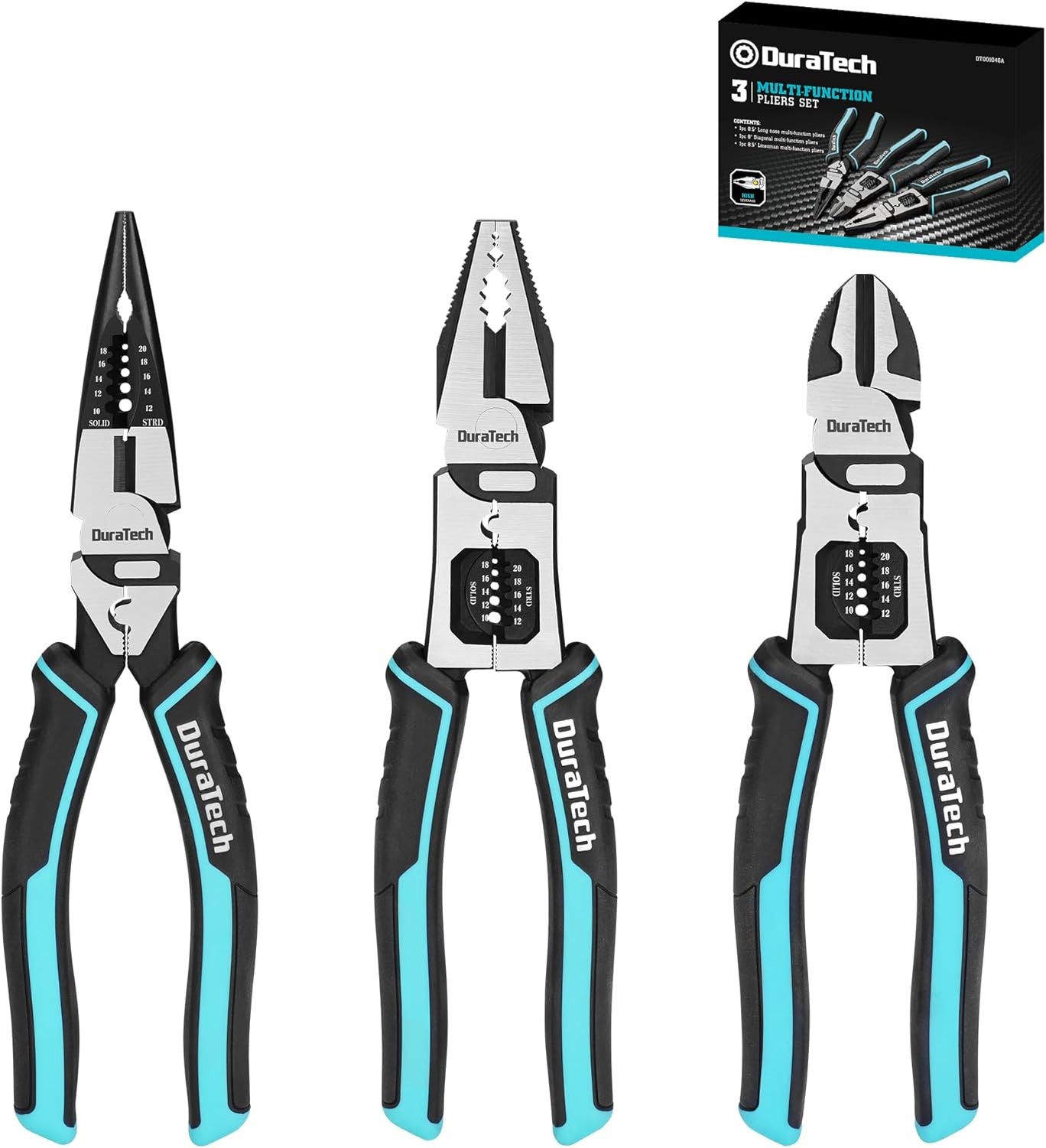 DURATECH 3PCS Pliers Set, Large 6 in 1 Multifunctional Wire Stripper Black