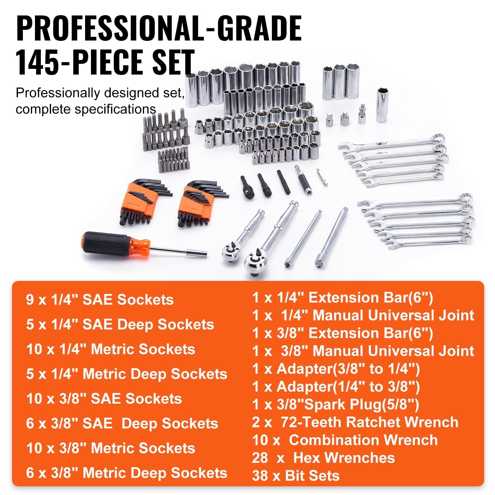 145 Pcs Mechanics Tool Set – SAE & Metric Sockets, Wrenches, Bits, Storage Case