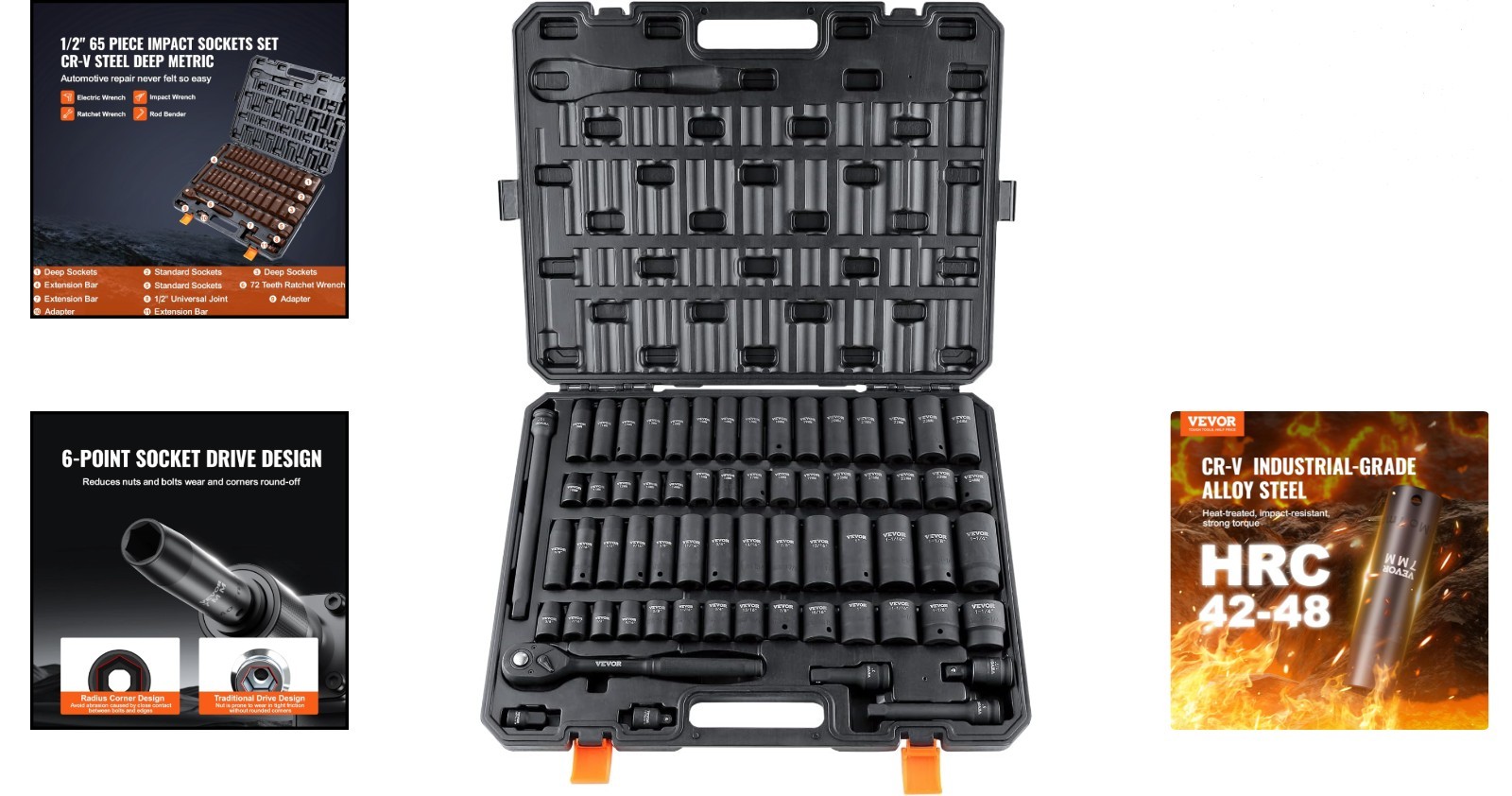 65-Piece Impact Socket Set 1/2in Cr-V Alloy Steel SAE & Metric with Storage Case