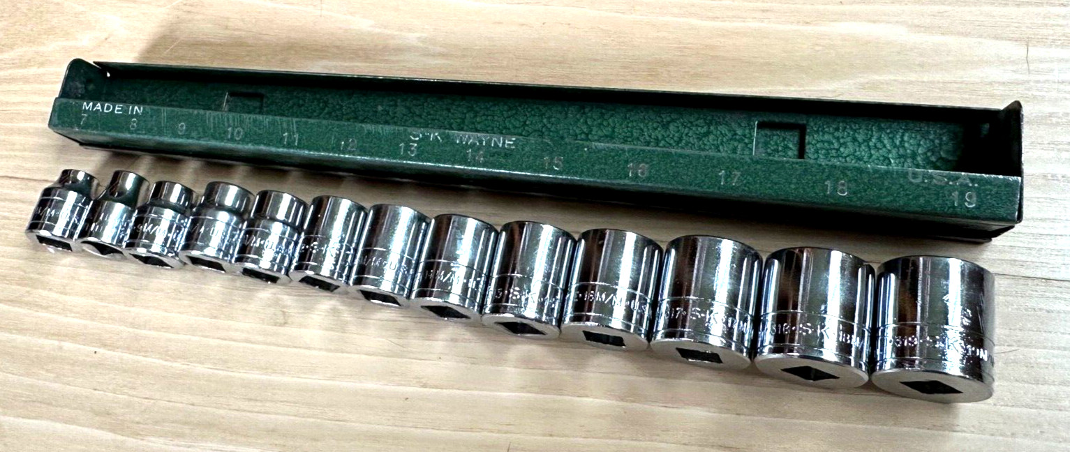 🇺🇸 SK Tools USA 7mm-19mm Metric Shallow 3/8″ DR Socket Set lot 6-PT Green Tray