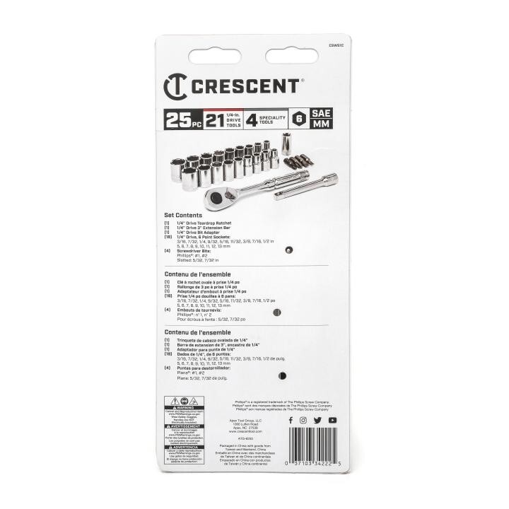 Crescent CSWS1C 25-Pc. 1/4″-Drive 6-Point SAE/Metric Mechanics Tool Set NIB!!