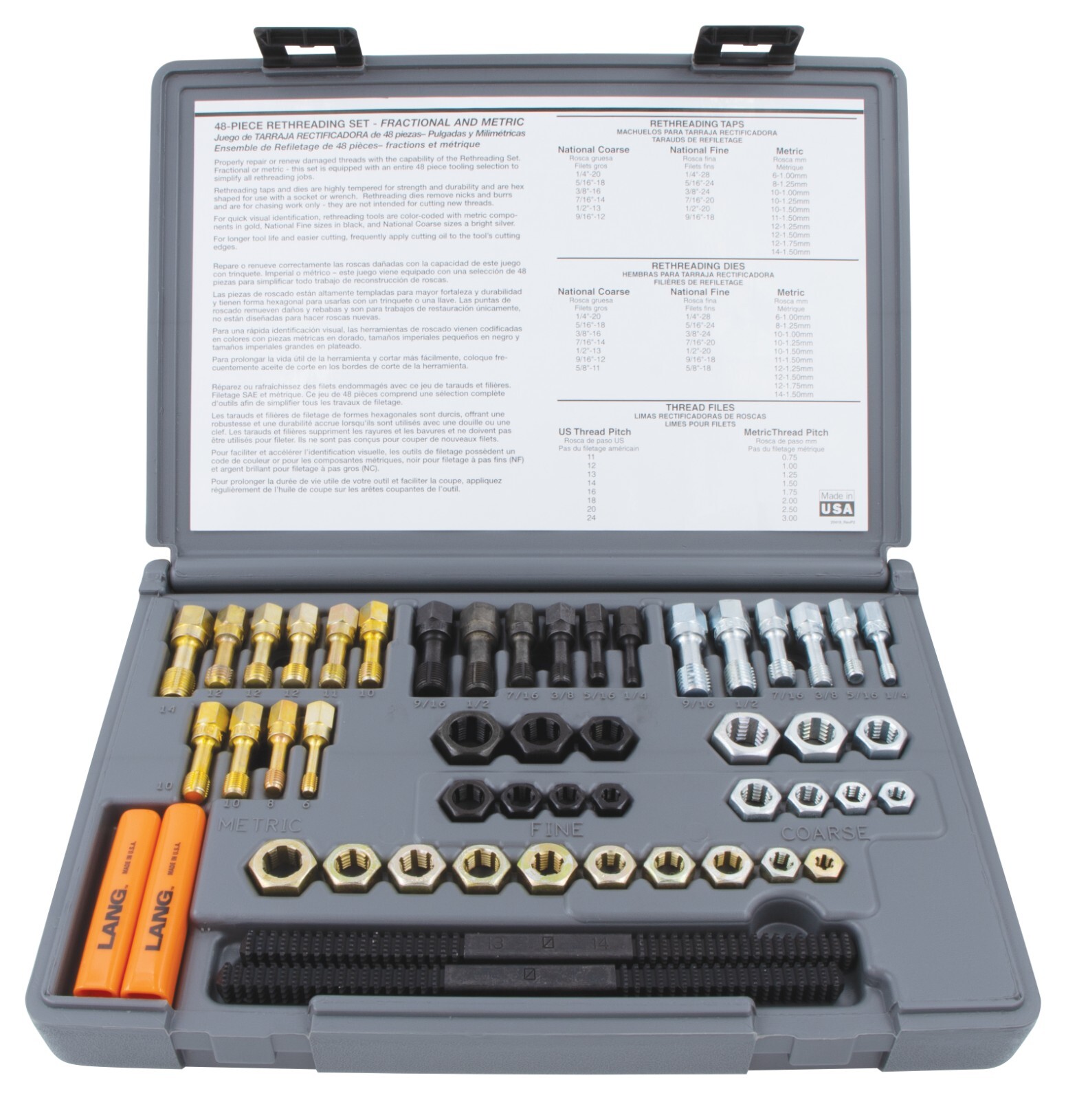 Lang 48pc Tap Die File Rethreading Set Metric NF-SAE NC-USS Thread Restore 971