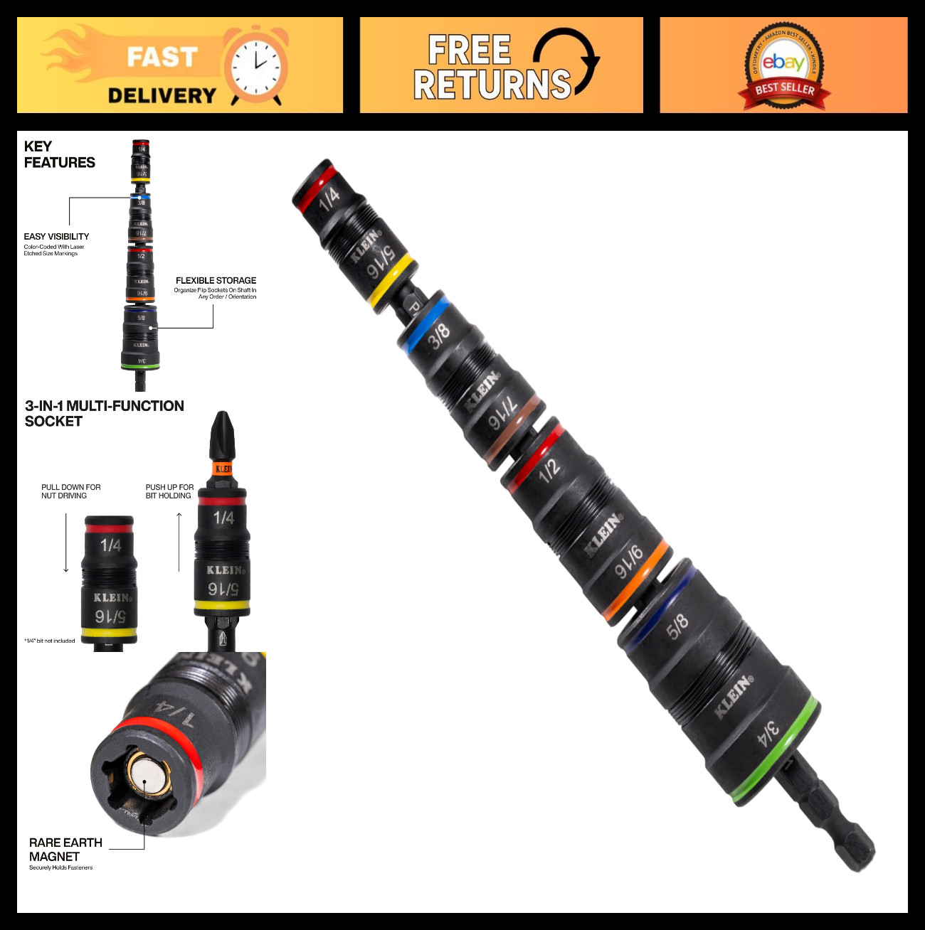 9-in-1 Impact Socket Set, 4 Flip Sockets, Nut Driver Sizes 1/4″-3/4″, Bit Holder