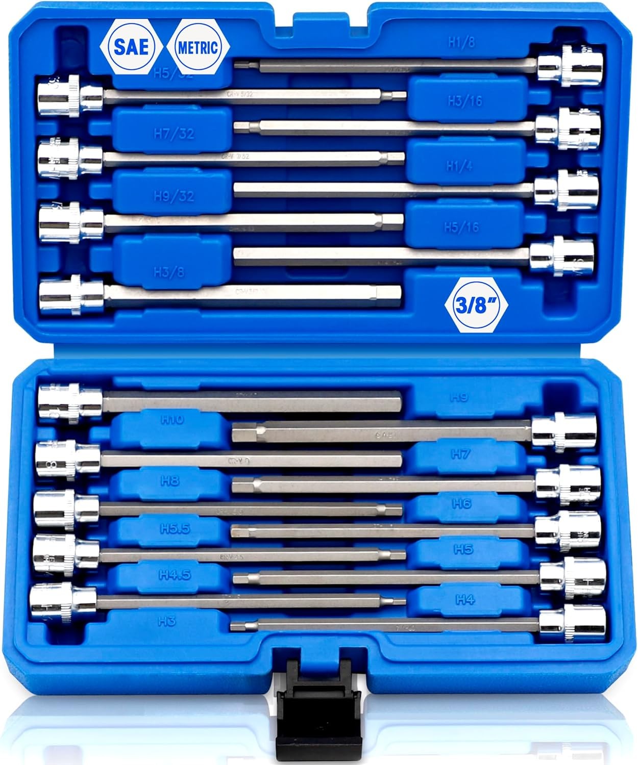 18-Piece Extra Long Allen Hex Bit Socket Set SAE & Metric 1/8-3/8 in. 3-10 mm
