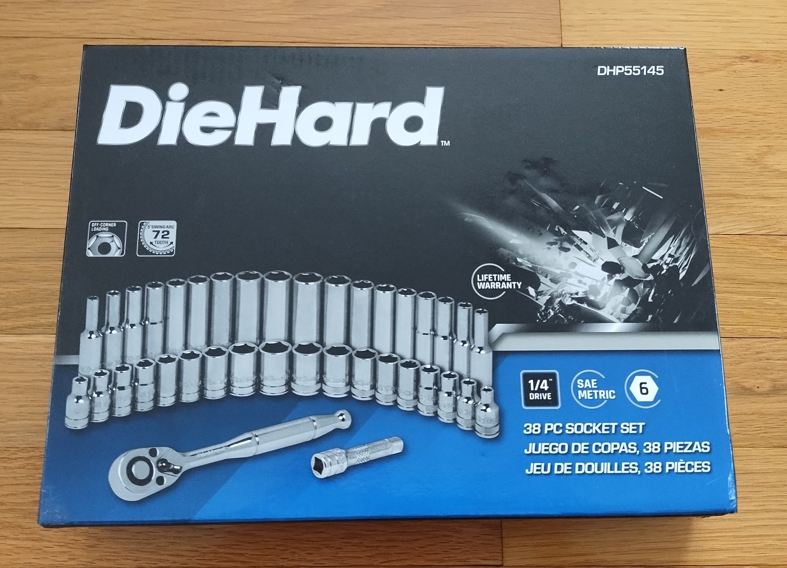 NEW DieHard 1/4″ Drive Ratchet Socket Set SAE Metric 72T 38Pc 6 point DHP55145